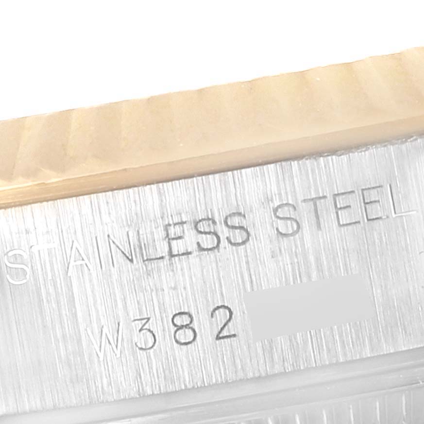 The image shows a close-up of the stainless steel caseback of a Rolex Datejust 69173 Women's Steel and Gold (two tone) Champagne Dial 69173 Women's Steel and Gold (two tone) Champagne Dial model watch, highlighting the engraved text.