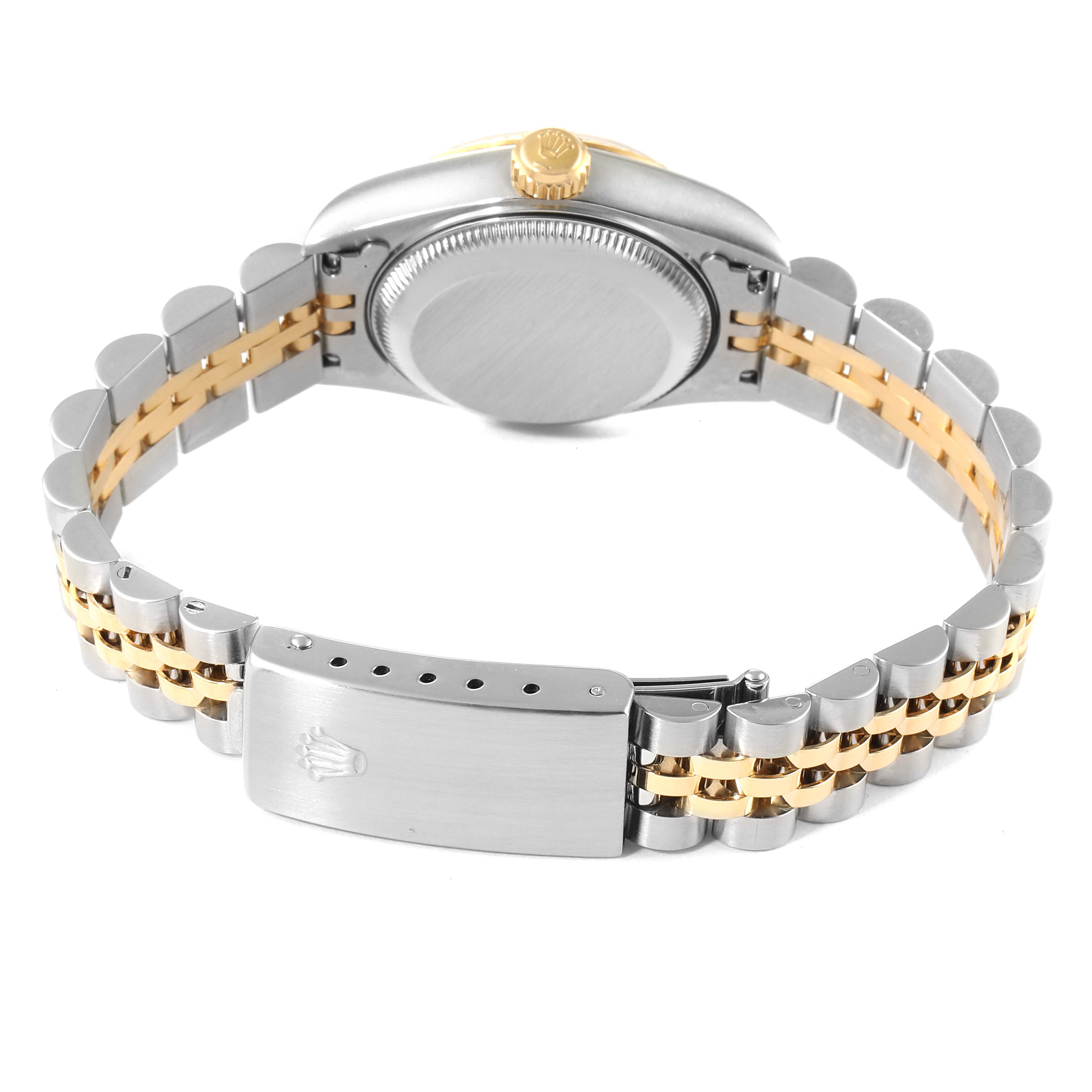This image shows the back of a Rolex Datejust 69173 Women's Steel and Gold (two tone) Champagne Dial 69173 Women's Steel and Gold (two tone) Champagne Dial watch, focusing on the bracelet and clasp.