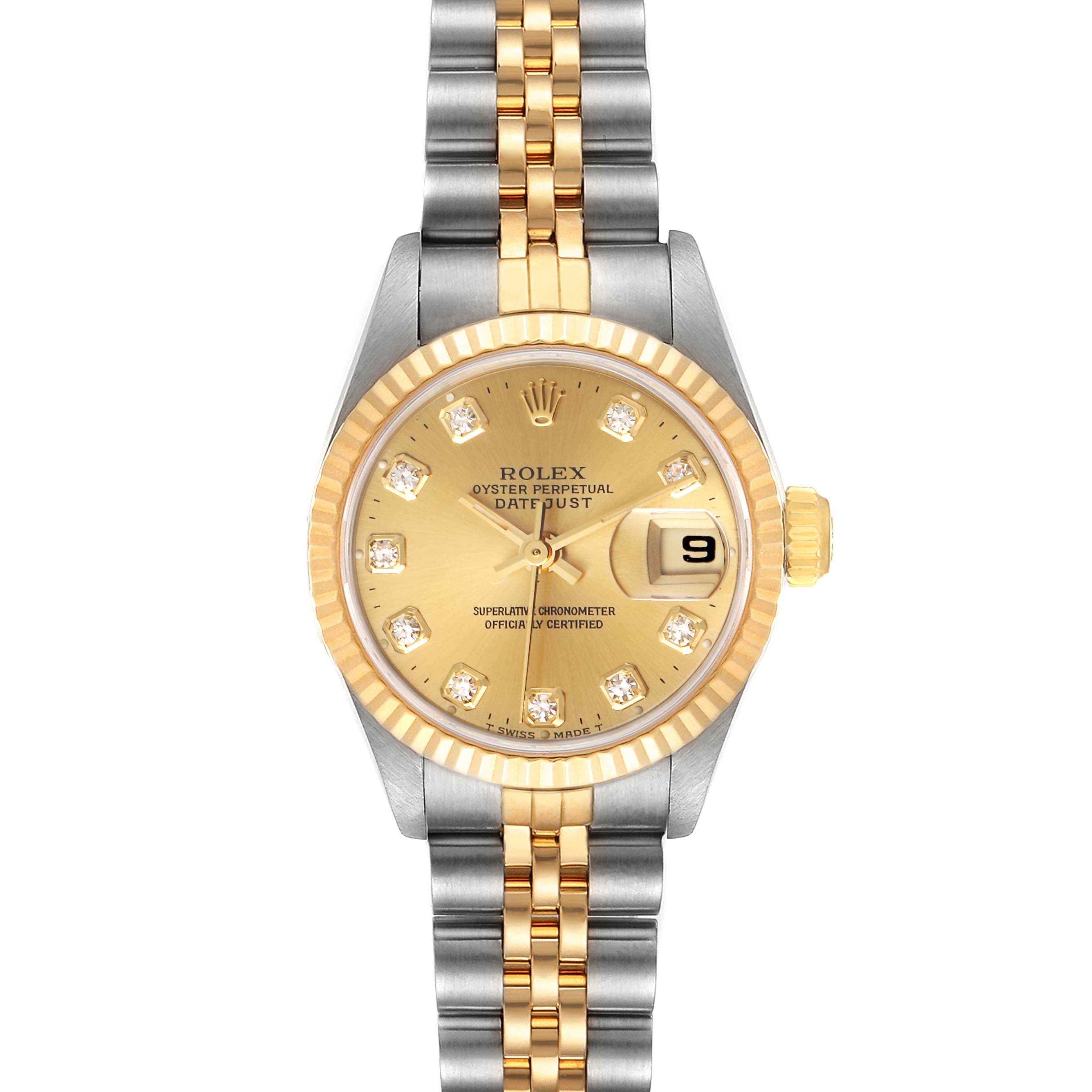 The image shows a front view of a Rolex Datejust 69173 Women's Steel and Gold (two tone) Champagne Dial 69173 Women's Steel and Gold (two tone) Champagne Dial watch, highlighting the dial, bezel, crown, and bracelet.