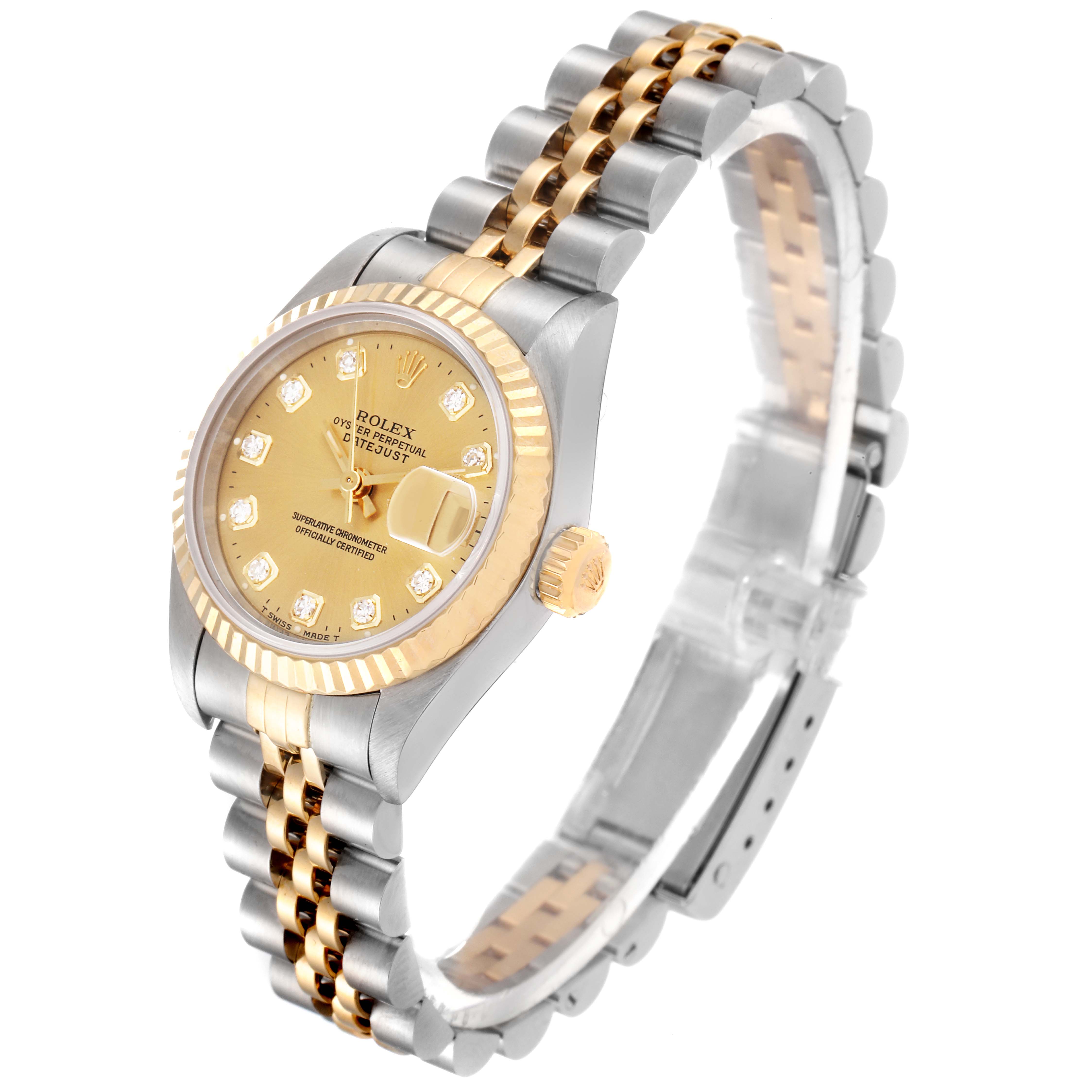 The image shows the Rolex Datejust 69173 Women's Steel and Gold (two tone) Champagne Dial 69173 Women's Steel and Gold (two tone) Champagne Dial watch at a three-quarter angle, highlighting its two-tone bracelet and gold dial.