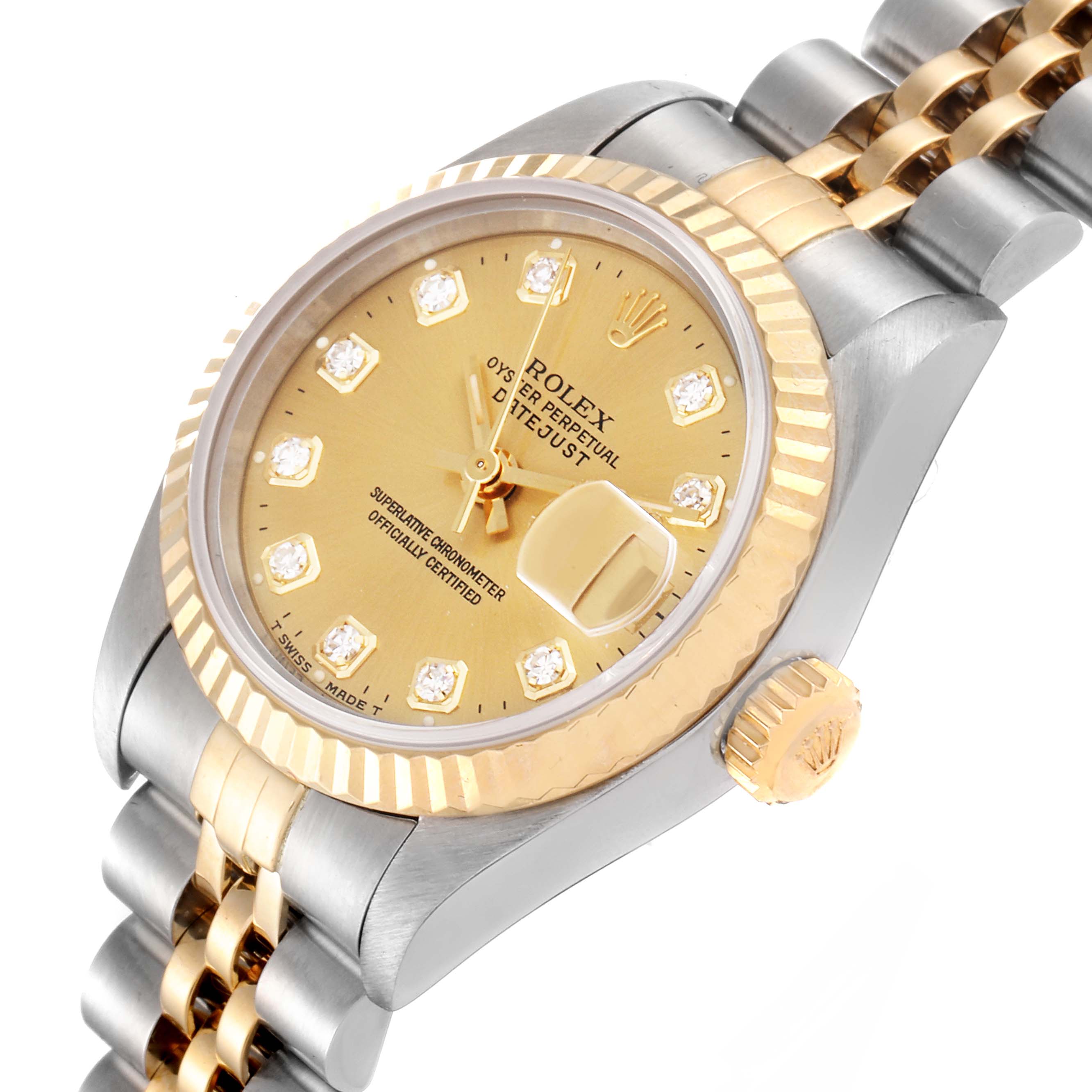 The Rolex Datejust 69173 Women's Steel and Gold (two tone) Champagne Dial 69173 Women's Steel and Gold (two tone) Champagne Dial watch is shown at an angled perspective highlighting its dial, bezel, and two-tone bracelet.
