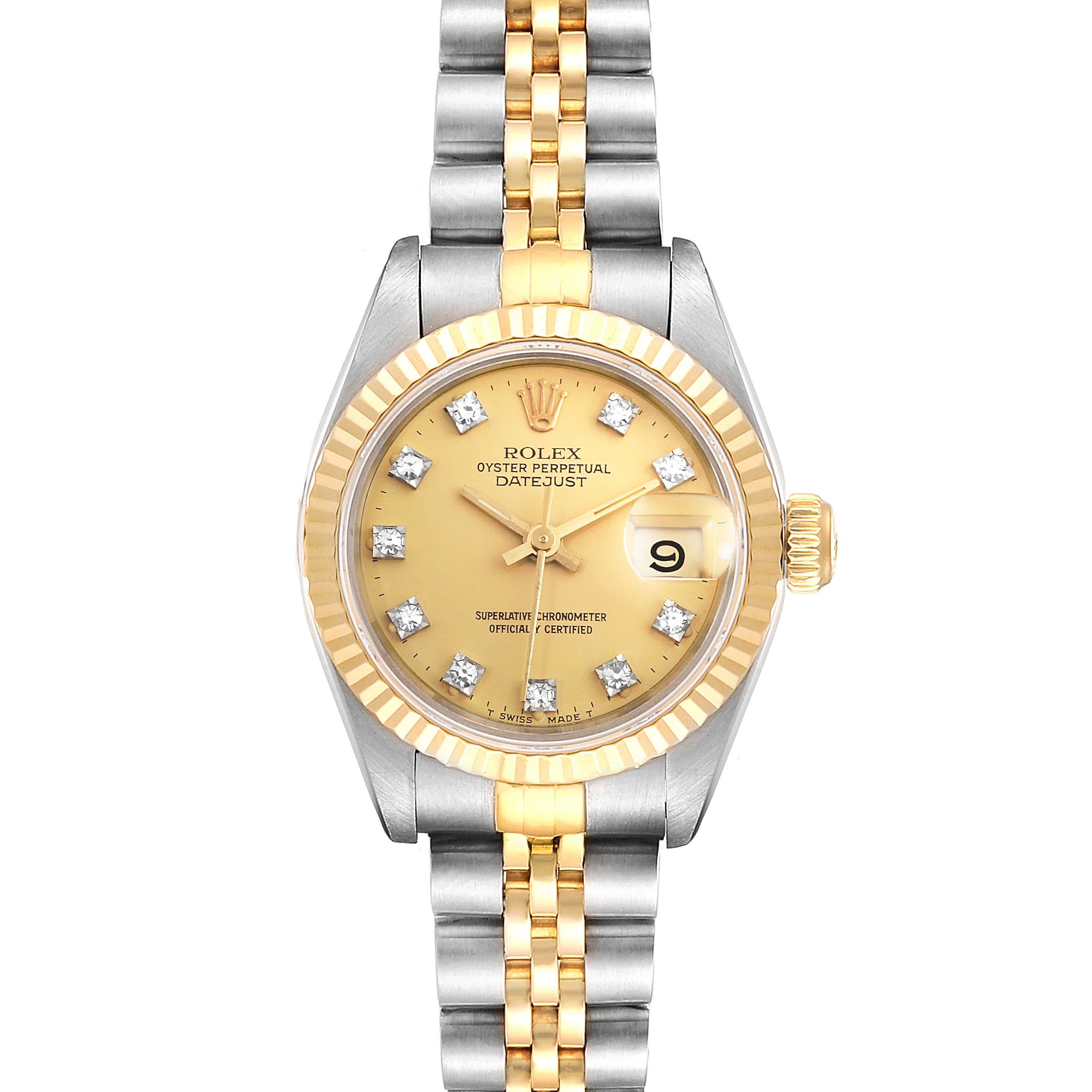 The image shows a frontal view of a Rolex Datejust 69173 Women
s Steel and Gold (two tone) Champagne Dial 69173 Women
s Steel and Gold (two tone) Champagne Dial watch, featuring a yellow gold and diamond dial with a two-tone bracelet.