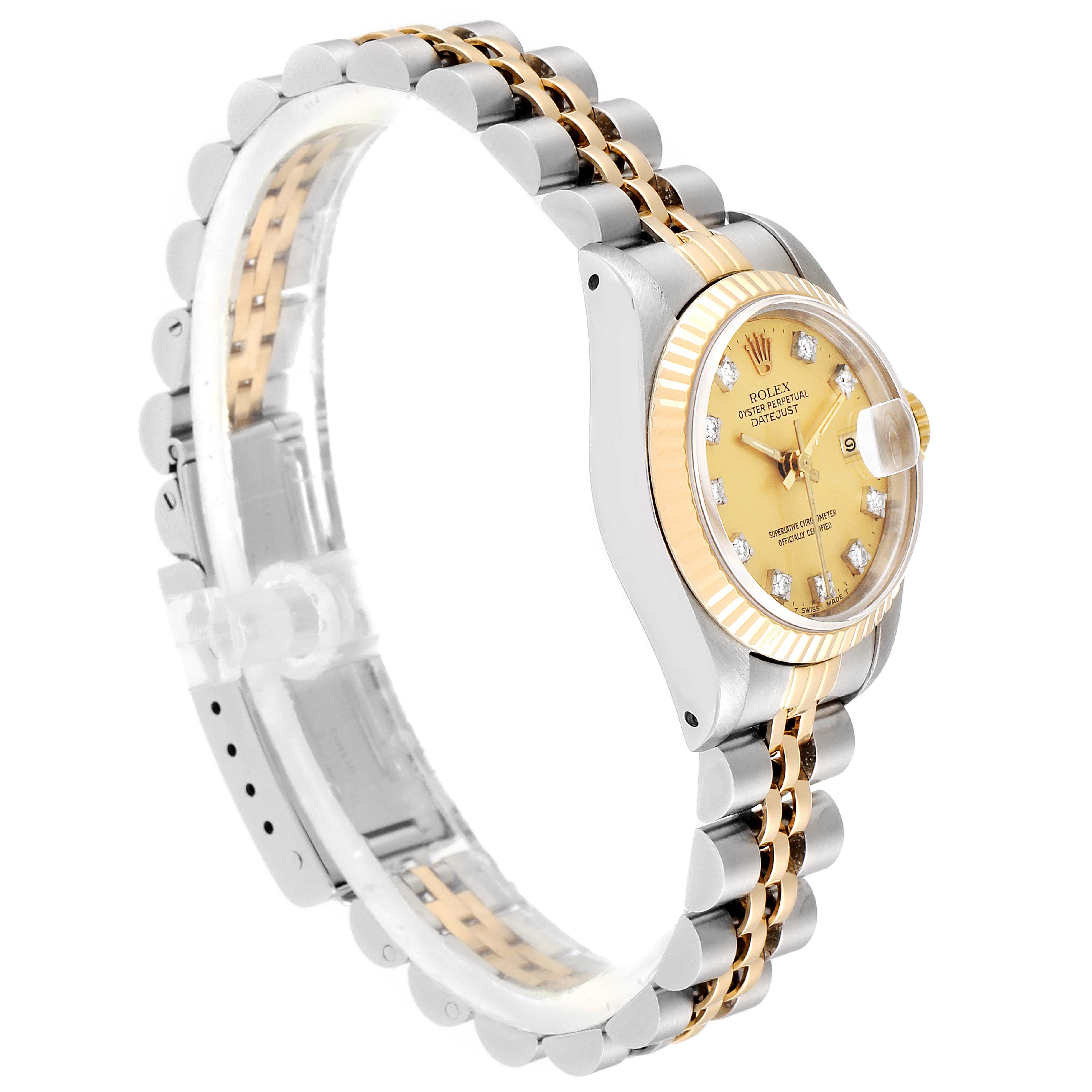 The image shows a side view of a Rolex Datejust 69173 Women
s Steel and Gold (two tone) Champagne Dial 69173 Women
s Steel and Gold (two tone) Champagne Dial watch, displaying the bracelet, bezel, dial, and case.