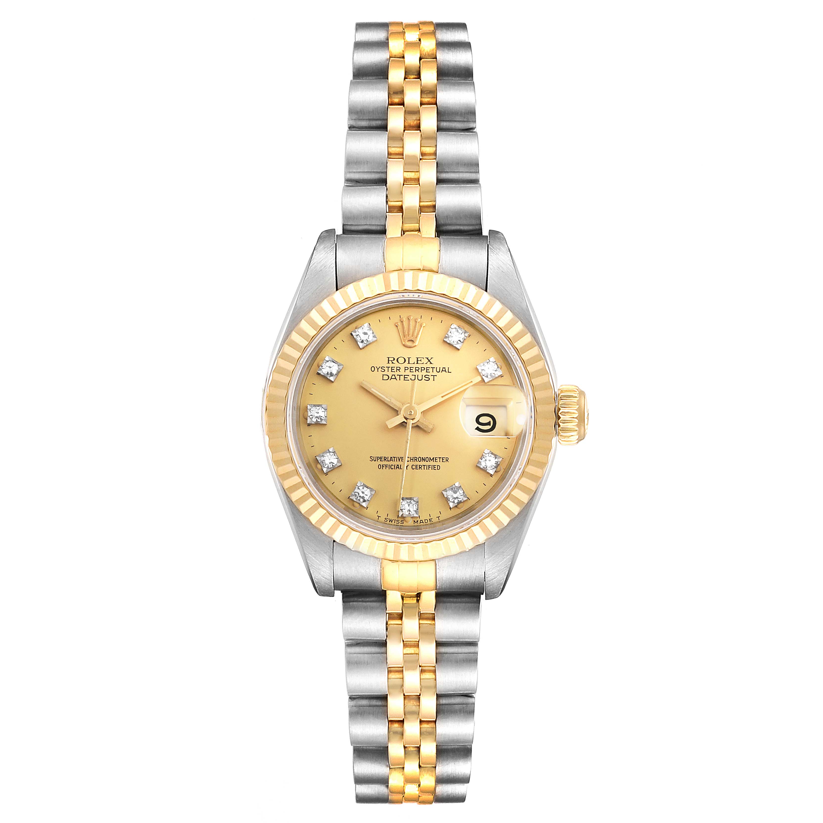 The image shows a Rolex Datejust 69173 Women
s Steel and Gold (two tone) Champagne Dial 69173 Women
s Steel and Gold (two tone) Champagne Dial watch from the front, displaying the dial, bezel, and two-tone bracelet.