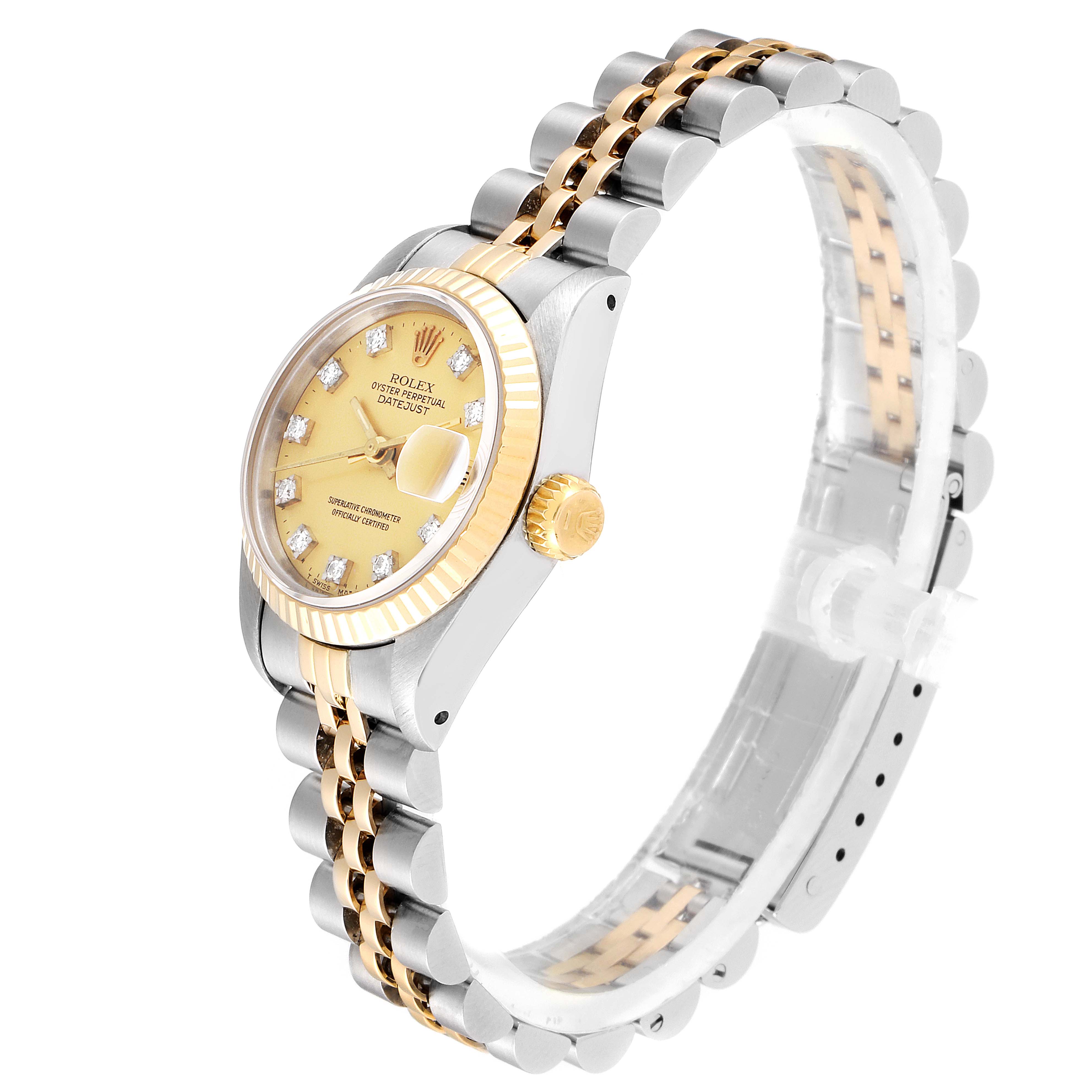 The Rolex Datejust 69173 Women
s Steel and Gold (two tone) Champagne Dial 69173 Women
s Steel and Gold (two tone) Champagne Dial watch is shown from a side-angle, highlighting its two-tone bracelet, gold crown, and diamond-hour markers.