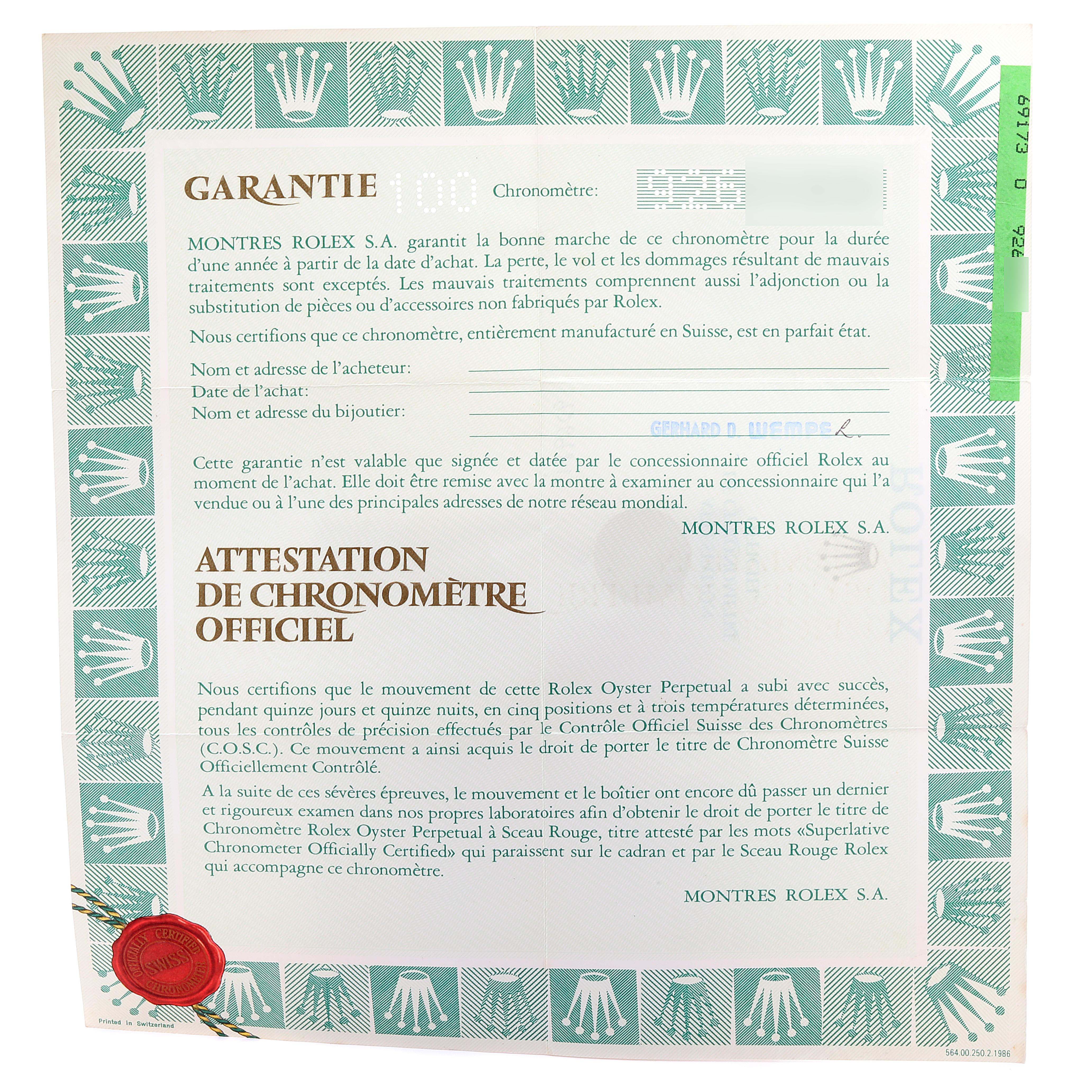 The image shows a warranty and official chronometer certificate for the Rolex Datejust 69173 Women
s Steel and Gold (two tone) Champagne Dial 69173 Women
s Steel and Gold (two tone) Champagne Dial watch model.