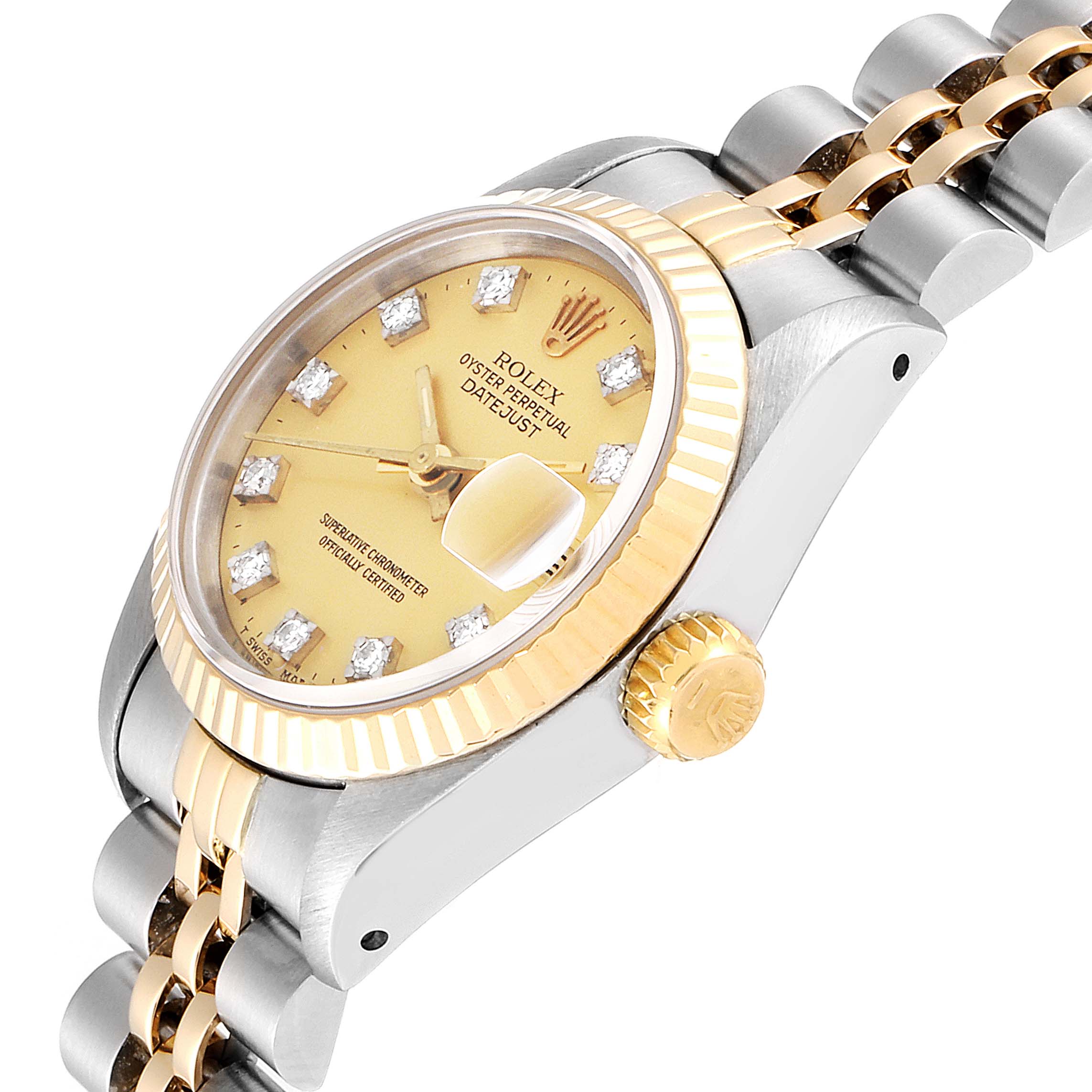 The image shows a close-up angled view of the Rolex Datejust 69173 Women
s Steel and Gold (two tone) Champagne Dial 69173 Women
s Steel and Gold (two tone) Champagne Dial watch, highlighting the dial, bezel, crown, and part of the bracelet.
