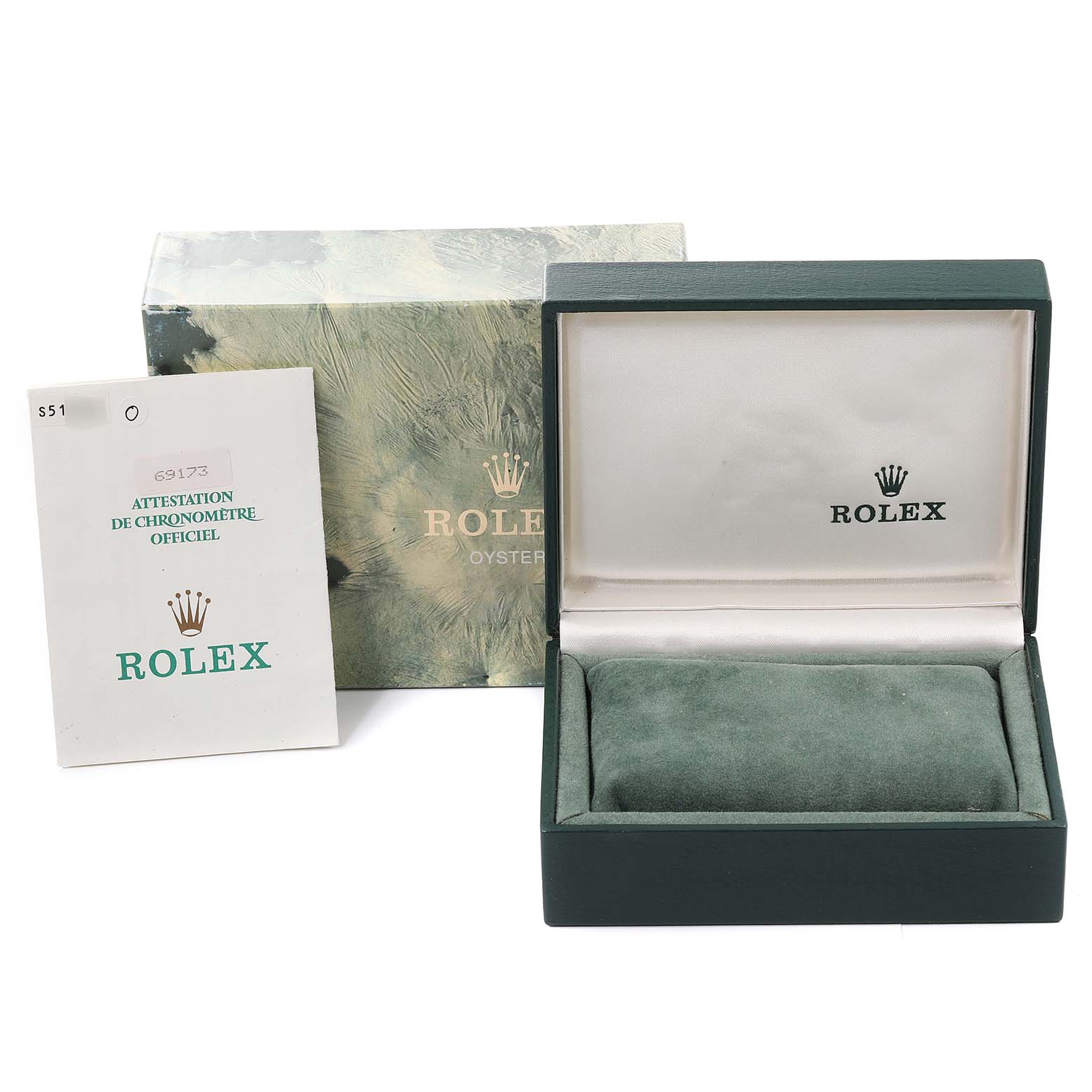 This image shows the box, cushion, and certification card for the Rolex Datejust 69173 Women's Steel and Gold (two tone) Champagne Dial 69173 Women's Steel and Gold (two tone) Champagne Dial model.