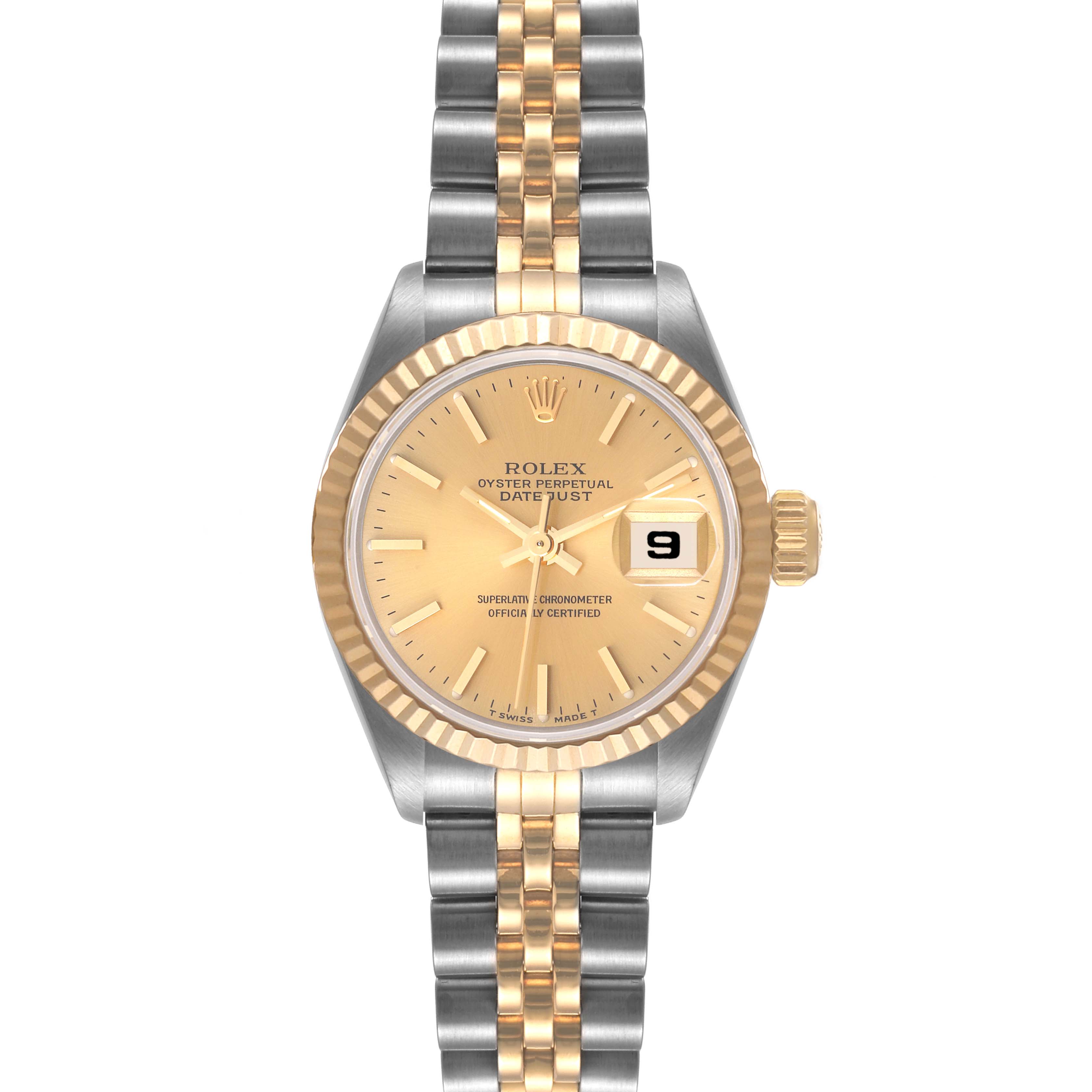This image shows a front view of the Rolex Datejust 69173 Women's Steel and Gold (two tone) Champagne Dial 69173 Women's Steel and Gold (two tone) Champagne Dial watch, featuring the dial, bezel, and bracelet.