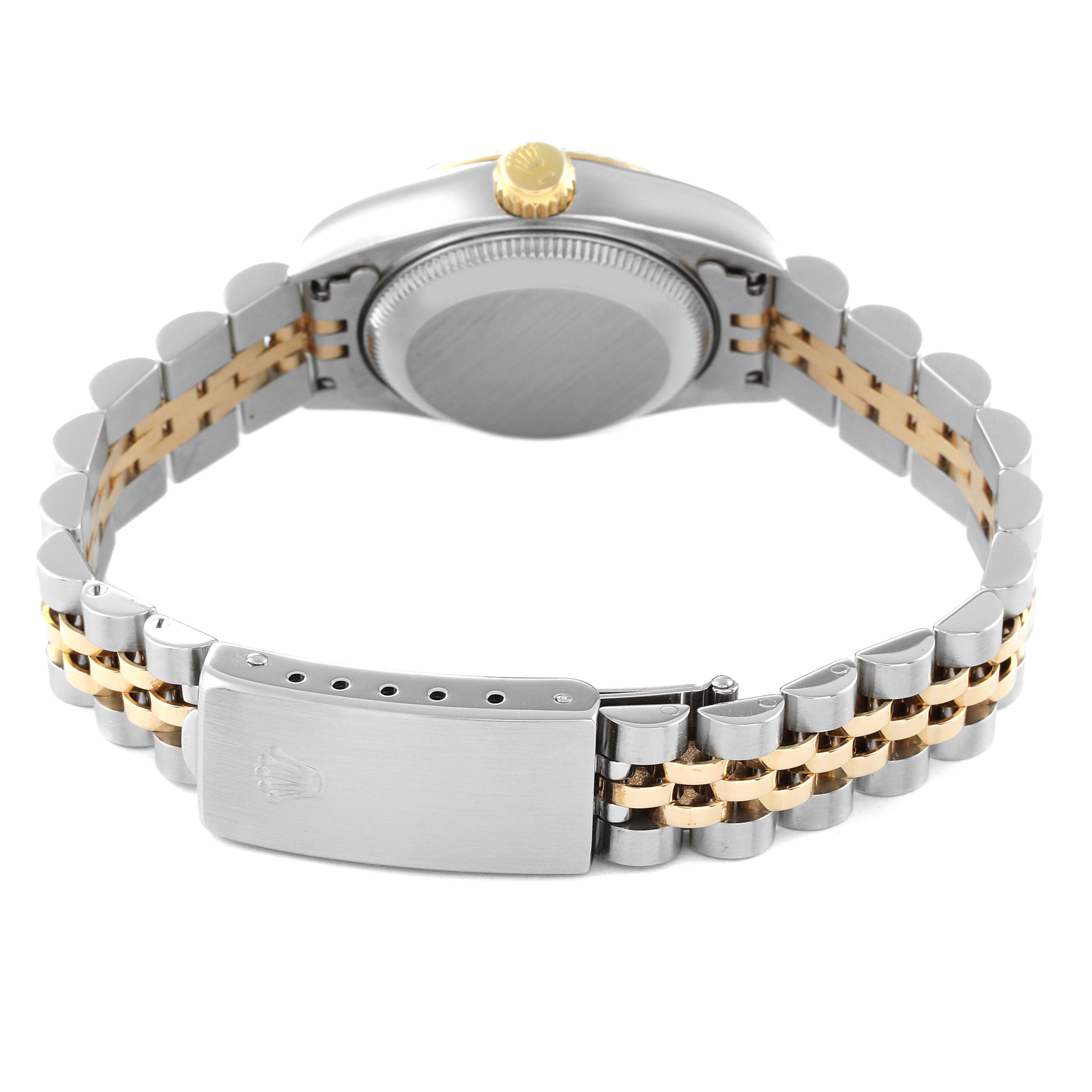 The image shows the back view of a Rolex Datejust 69173 Women's Steel and Gold (two tone) Champagne Dial 69173 Women's Steel and Gold (two tone) Champagne Dial watch with its stainless steel and gold bracelet and clasp.