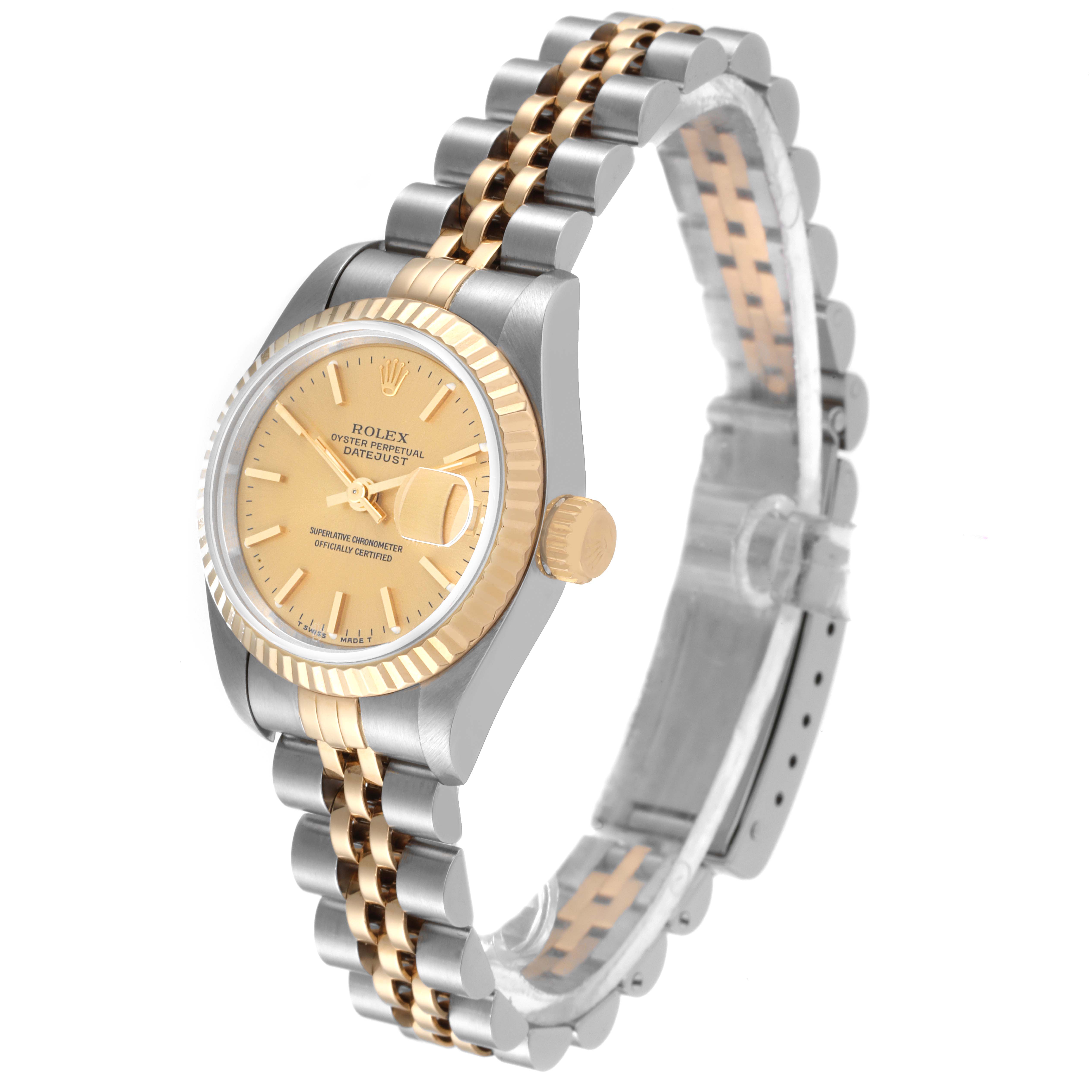 This image shows the Rolex Datejust 69173 Women's Steel and Gold (two tone) Champagne Dial 69173 Women's Steel and Gold (two tone) Champagne Dial watch at a slight angle, highlighting its two-tone bracelet, fluted bezel, and champagne dial.