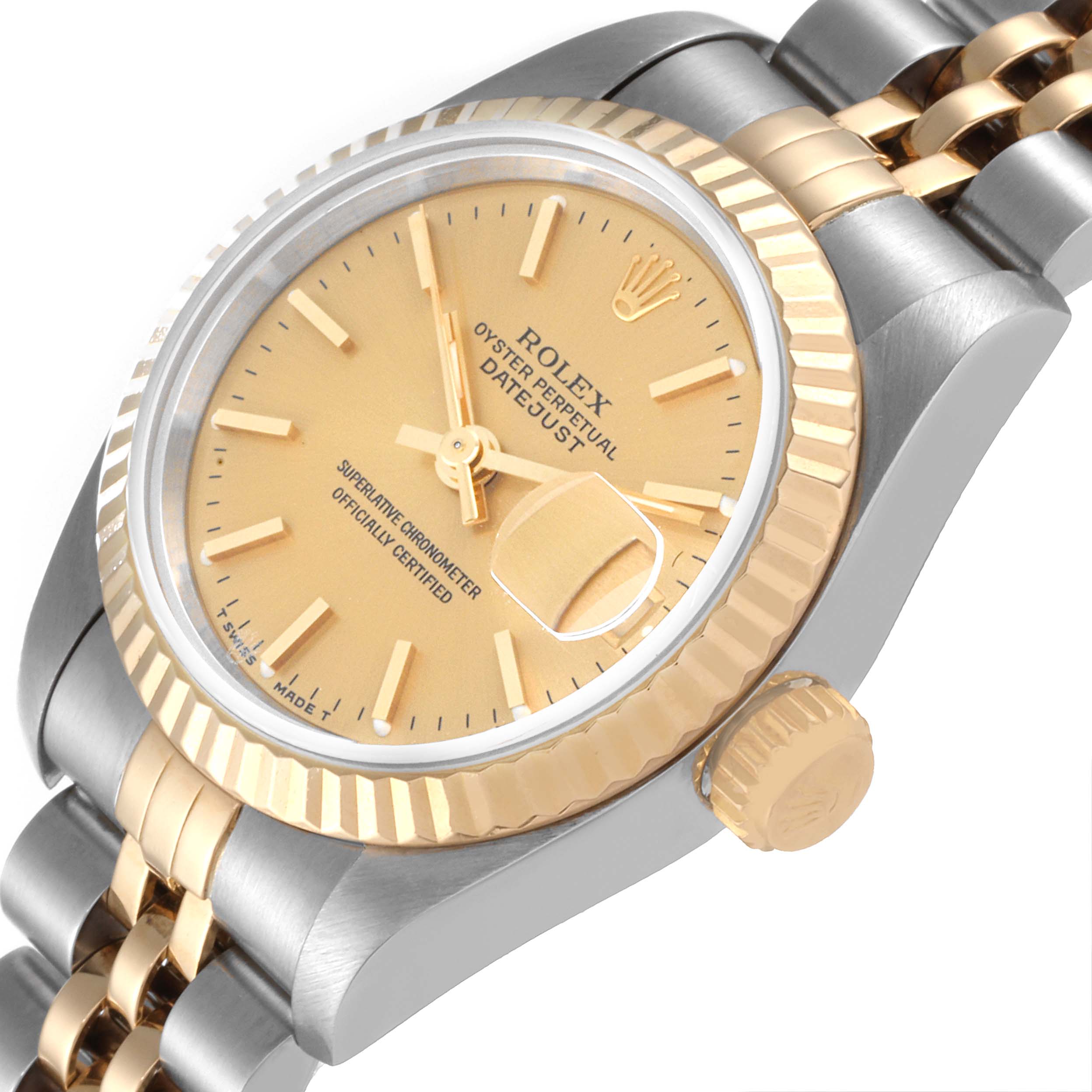 This image shows a Rolex Datejust 69173 Women's Steel and Gold (two tone) Champagne Dial 69173 Women's Steel and Gold (two tone) Champagne Dial watch from a slightly angled side view, displaying its face, bezel, crown, and part of the bracelet.