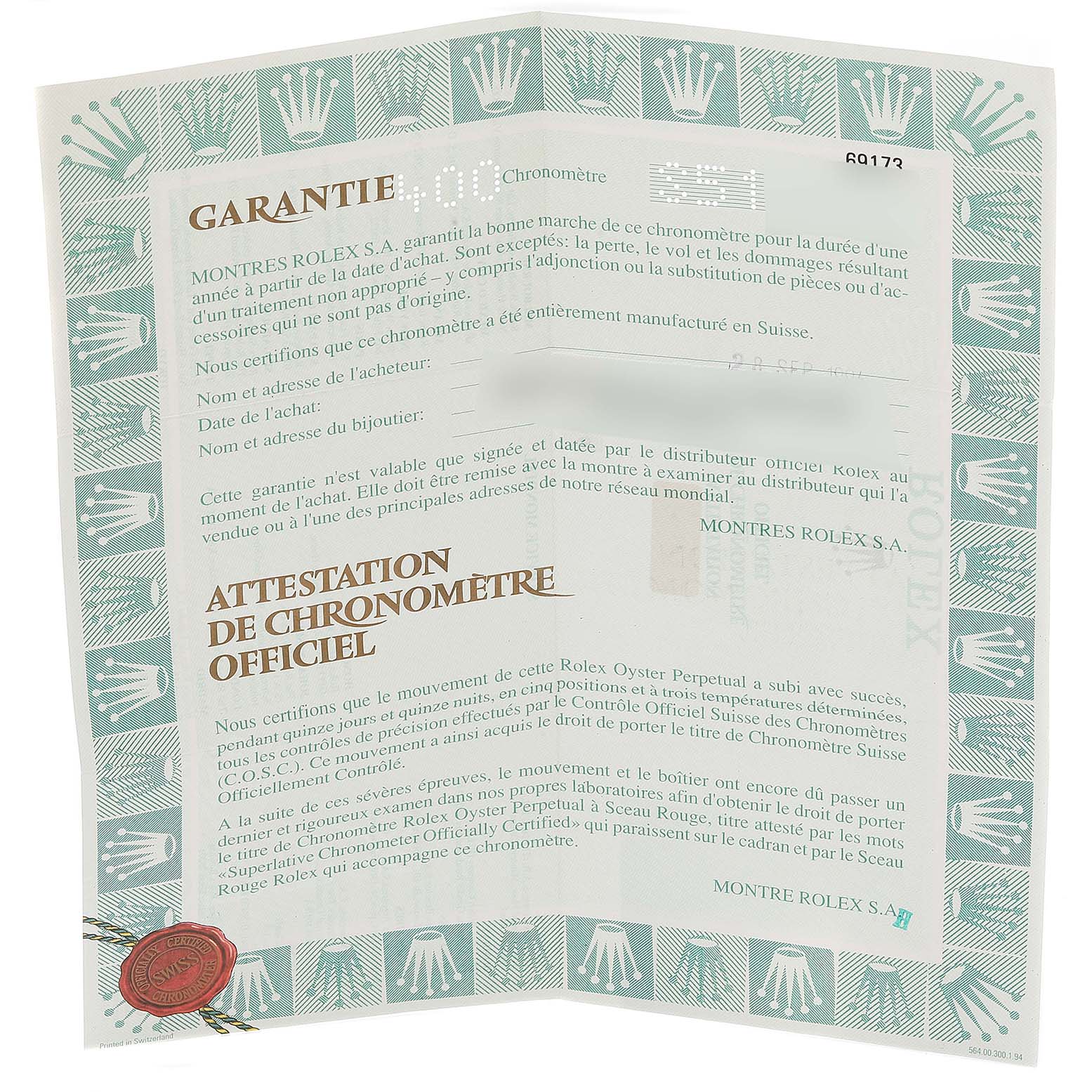 The image shows the warranty and chronometer certificate for a Rolex Datejust 69173 Women's Steel and Gold (two tone) Champagne Dial 69173 Women's Steel and Gold (two tone) Champagne Dial watch.