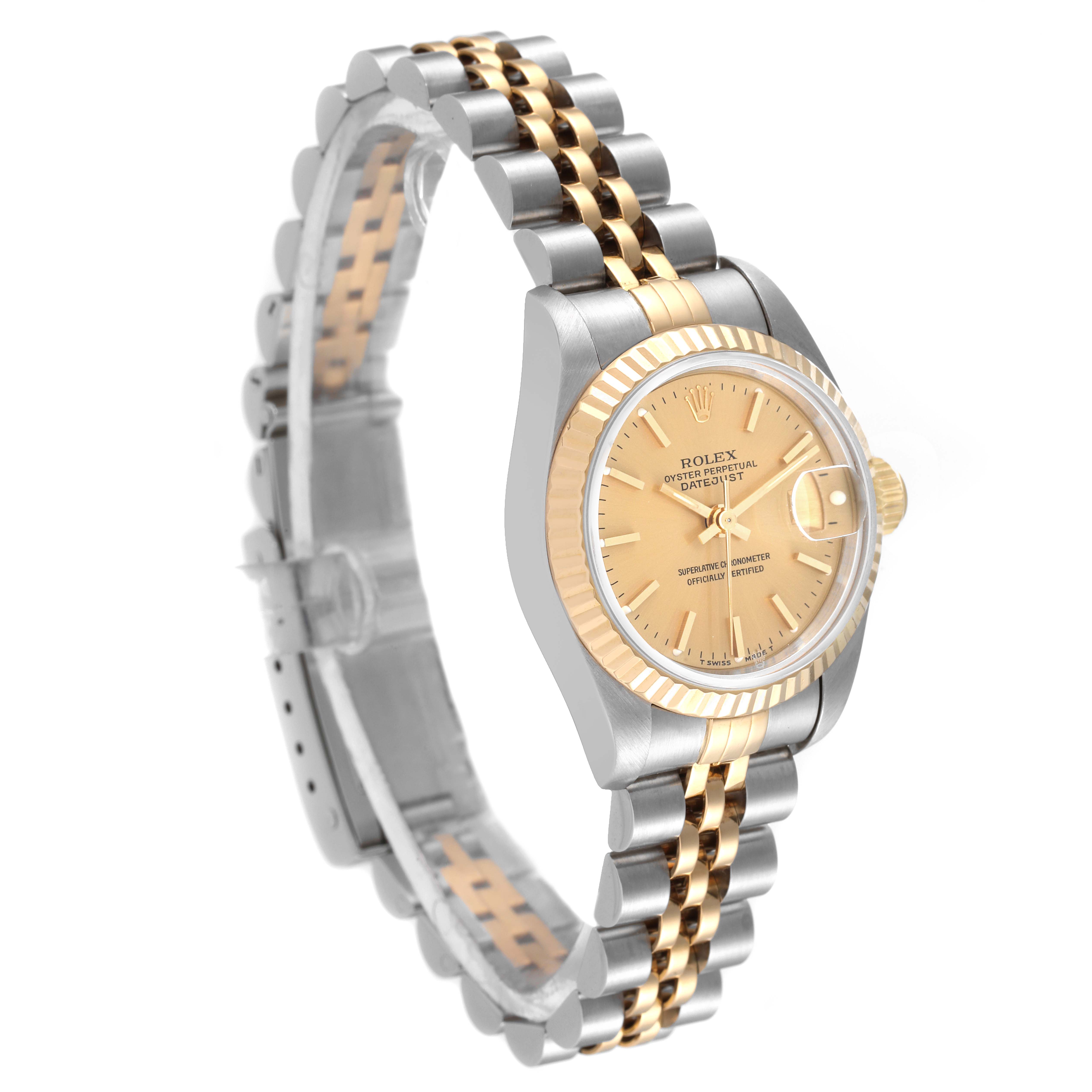 This image shows a side-angle view of a Rolex Datejust 69173 Women's Steel and Gold (two tone) Champagne Dial 69173 Women's Steel and Gold (two tone) Champagne Dial watch, highlighting the face, bezel, and band.