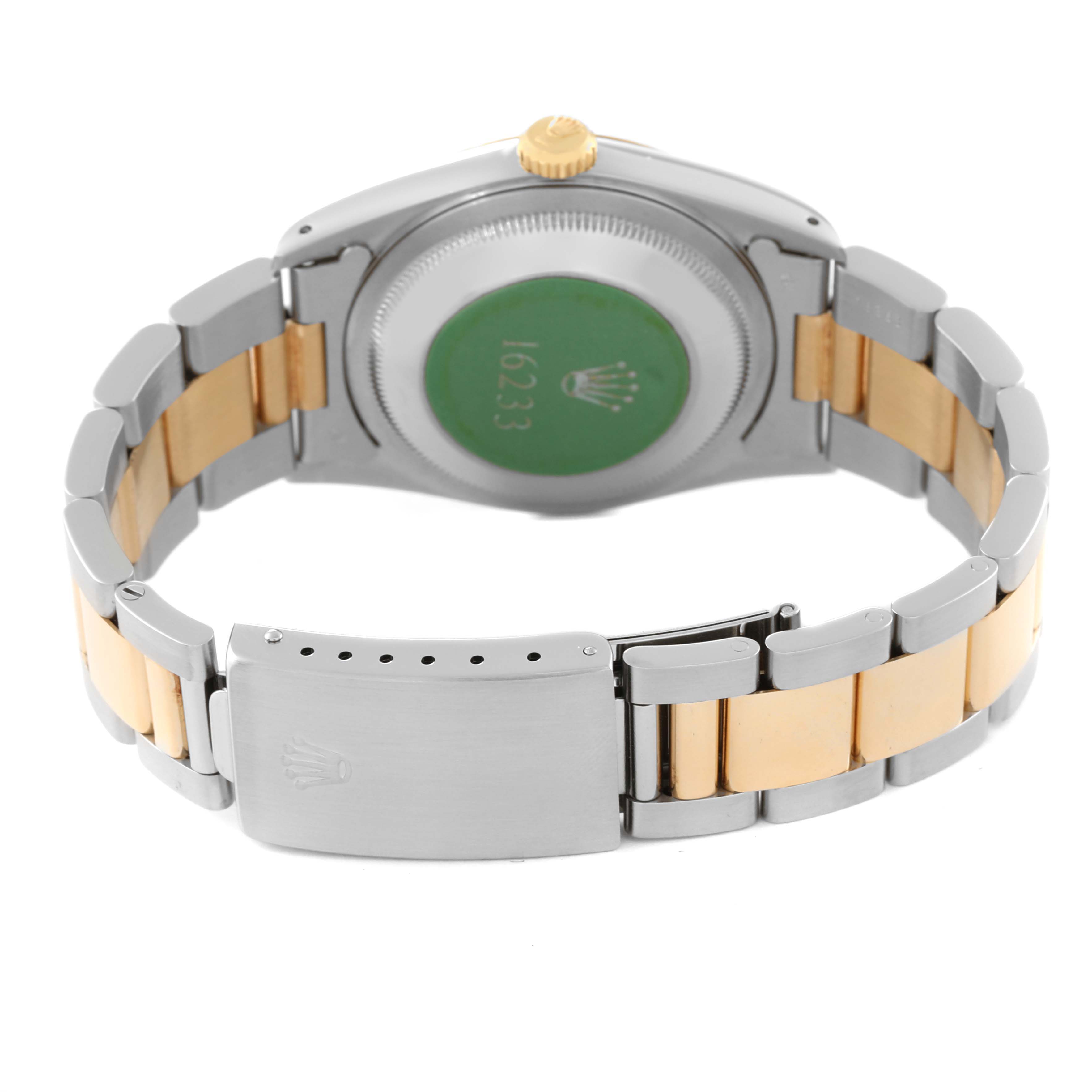 This image shows the back of a Rolex Datejust 16233 Men's Steel and Gold (two tone) Silver Dial 16233 Men's Steel and Gold (two tone) Silver Dial watch, highlighting the clasp, bracelet, and case back.