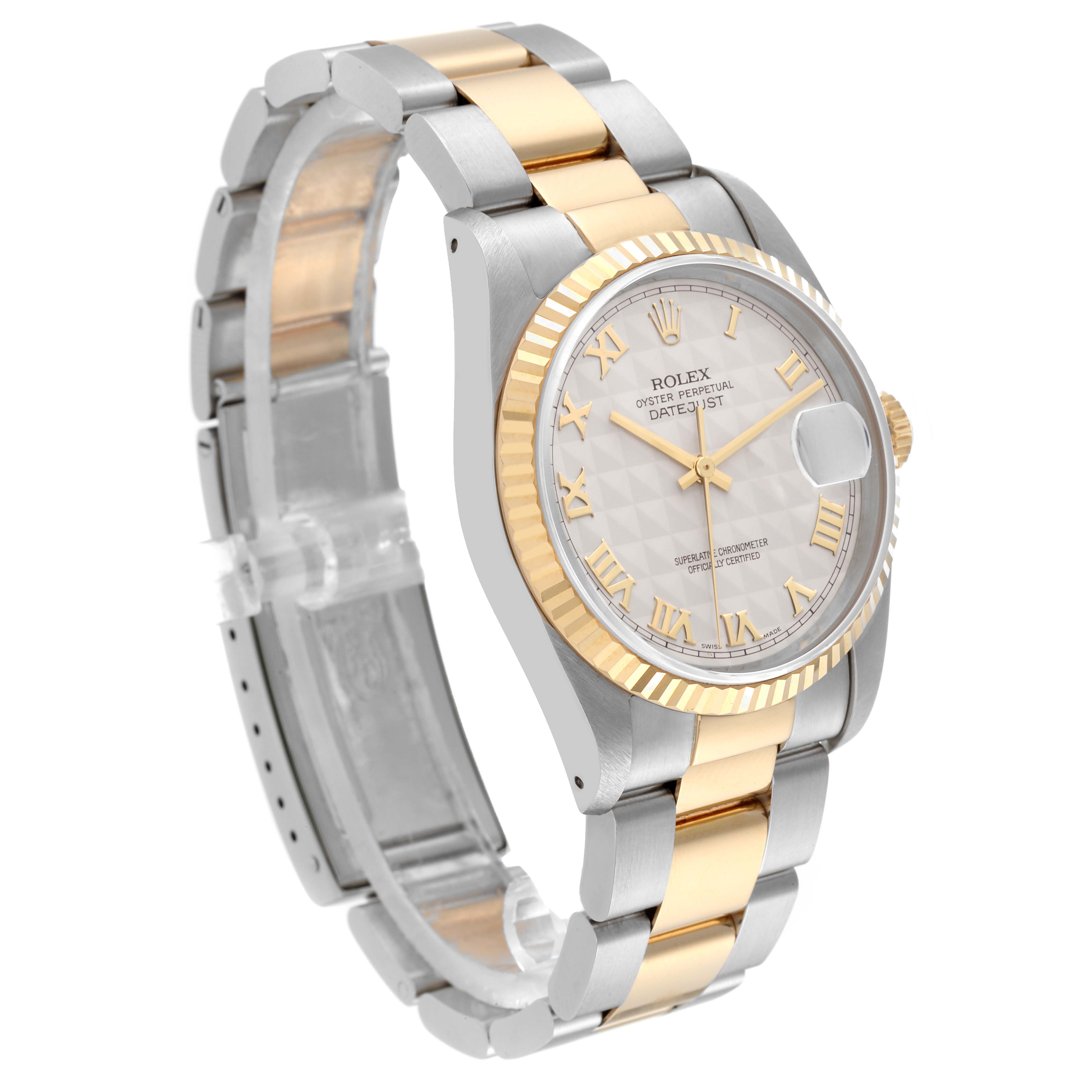 The image shows a side angle of the Rolex Datejust 16233 Men's Steel and Gold (two tone) Silver Dial 16233 Men's Steel and Gold (two tone) Silver Dial model, highlighting its two-tone bracelet, fluted bezel, and dial.