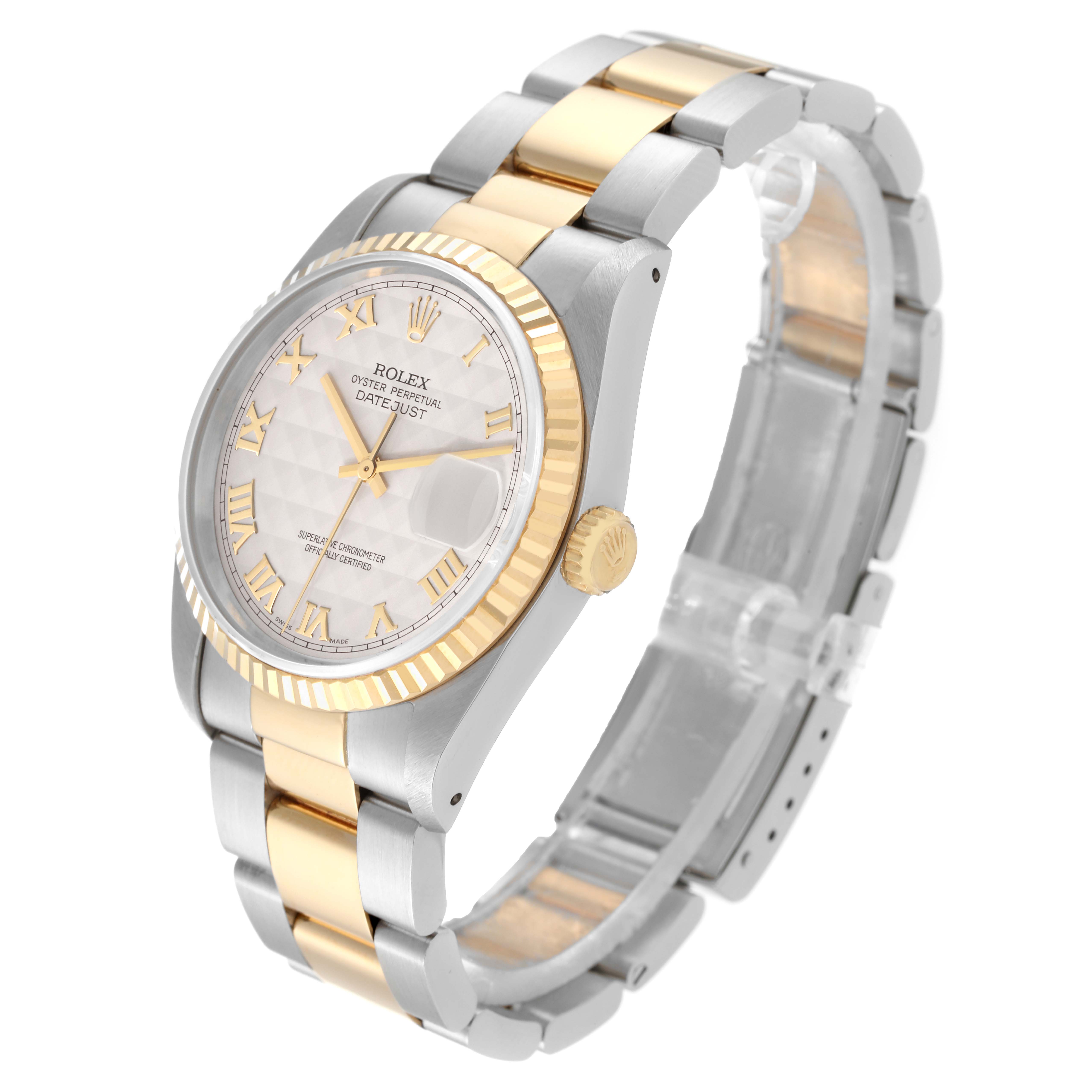 The Rolex Datejust 16233 Men's Steel and Gold (two tone) Silver Dial 16233 Men's Steel and Gold (two tone) Silver Dial watch is shown from an angled side view, displaying its case, bracelet, dial, and crown.