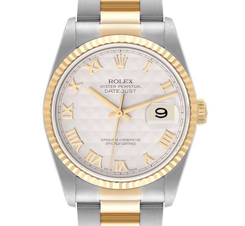 The image shows a front view of the Rolex Datejust watch, displaying the dial, bezel, and part of the bracelet.