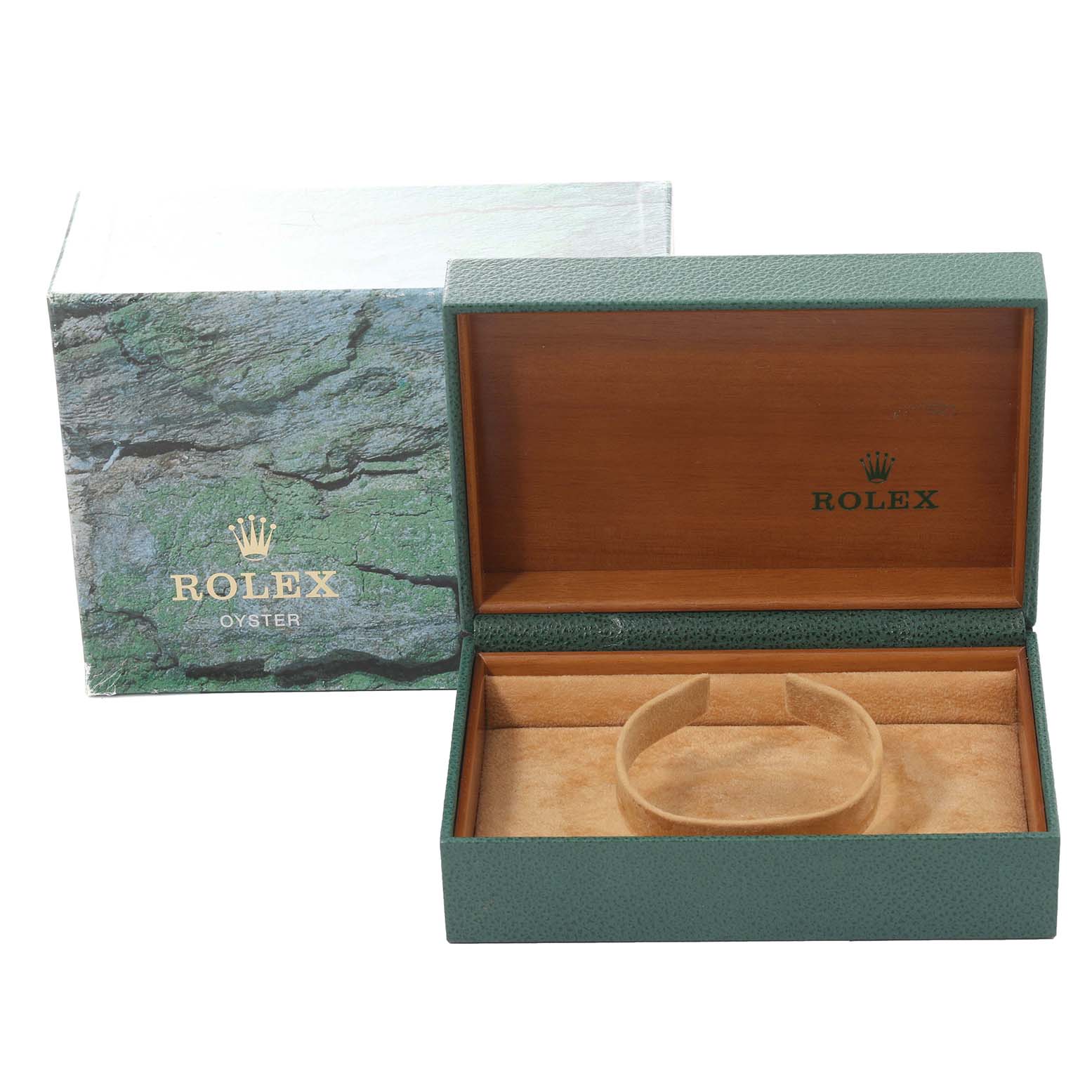 The image shows an open green Rolex Datejust 16233 Men's Steel and Gold (two tone) Silver Dial 16233 Men's Steel and Gold (two tone) Silver Dial watch box and its protective internal components, including a cushion.