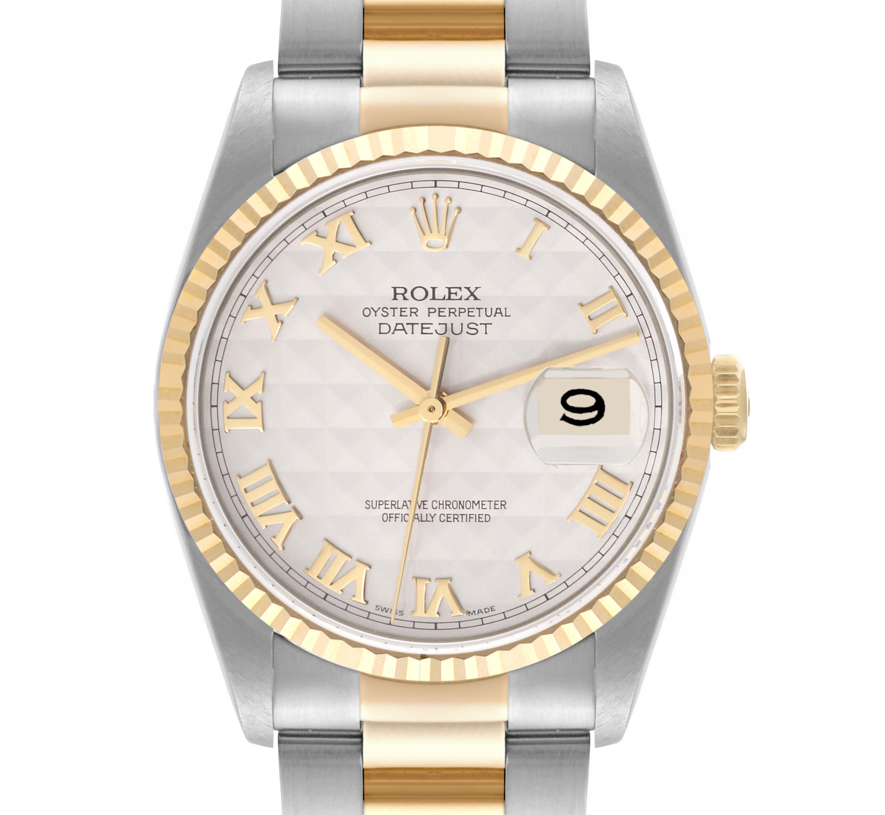 This image shows a frontal view of the Rolex Datejust 16233 Men's Steel and Gold (two tone) Silver Dial 16233 Men's Steel and Gold (two tone) Silver Dial watch displaying its face, bezel, and part of the bracelet.