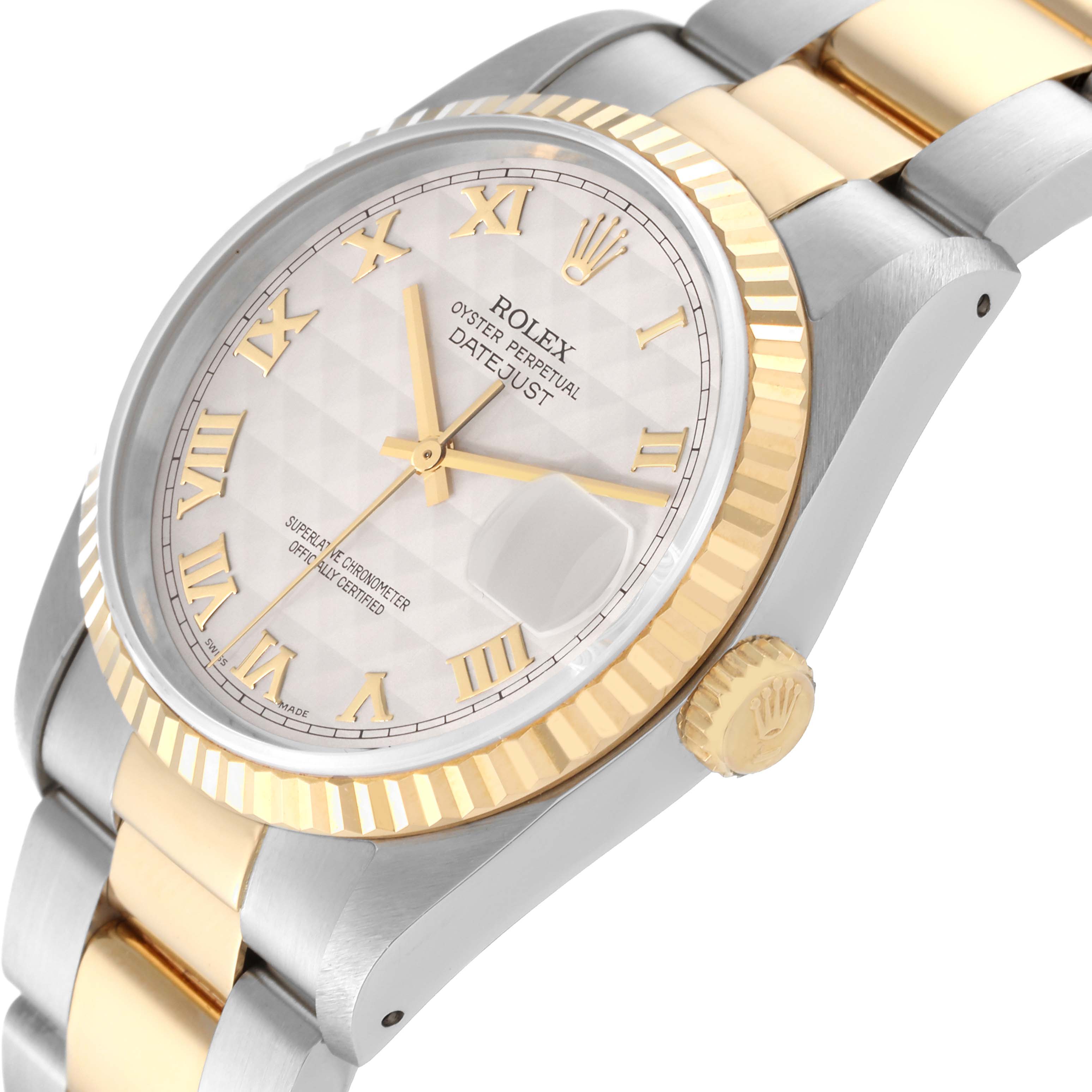 The image shows a Rolex Datejust 16233 Men's Steel and Gold (two tone) Silver Dial 16233 Men's Steel and Gold (two tone) Silver Dial watch at an angle displaying the face, bezel, crown, and part of the bracelet.