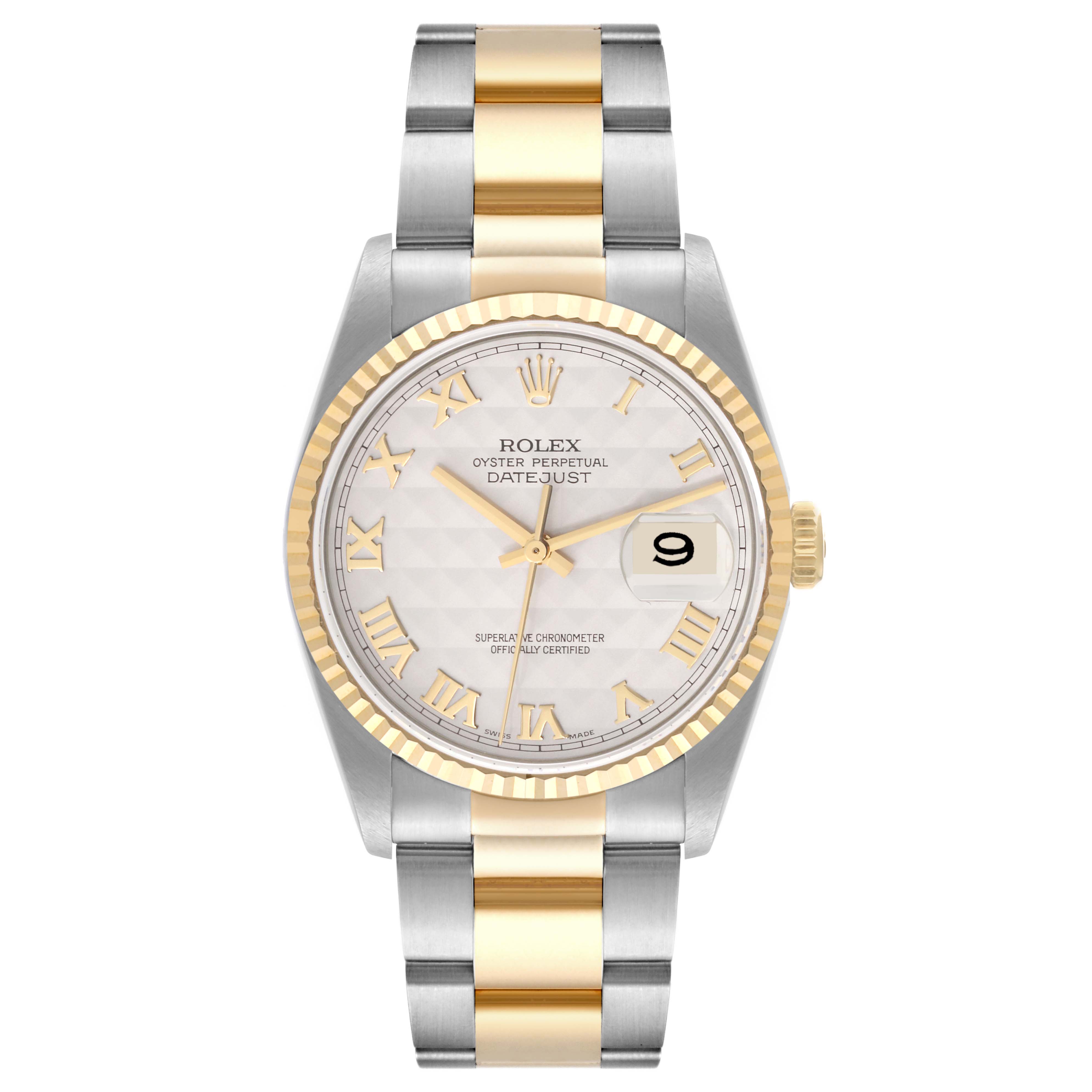 The Rolex Datejust 16233 Men's Steel and Gold (two tone) Silver Dial 16233 Men's Steel and Gold (two tone) Silver Dial watch is shown from the front, displaying the face, bezel, and full bracelet.