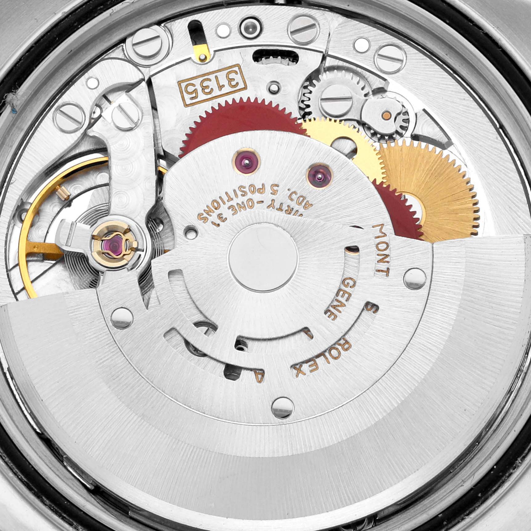 This close-up image shows the inner mechanical movement and components of a Rolex Datejust 16233 Men's Steel and Gold (two tone) Silver Dial 16233 Men's Steel and Gold (two tone) Silver Dial watch.