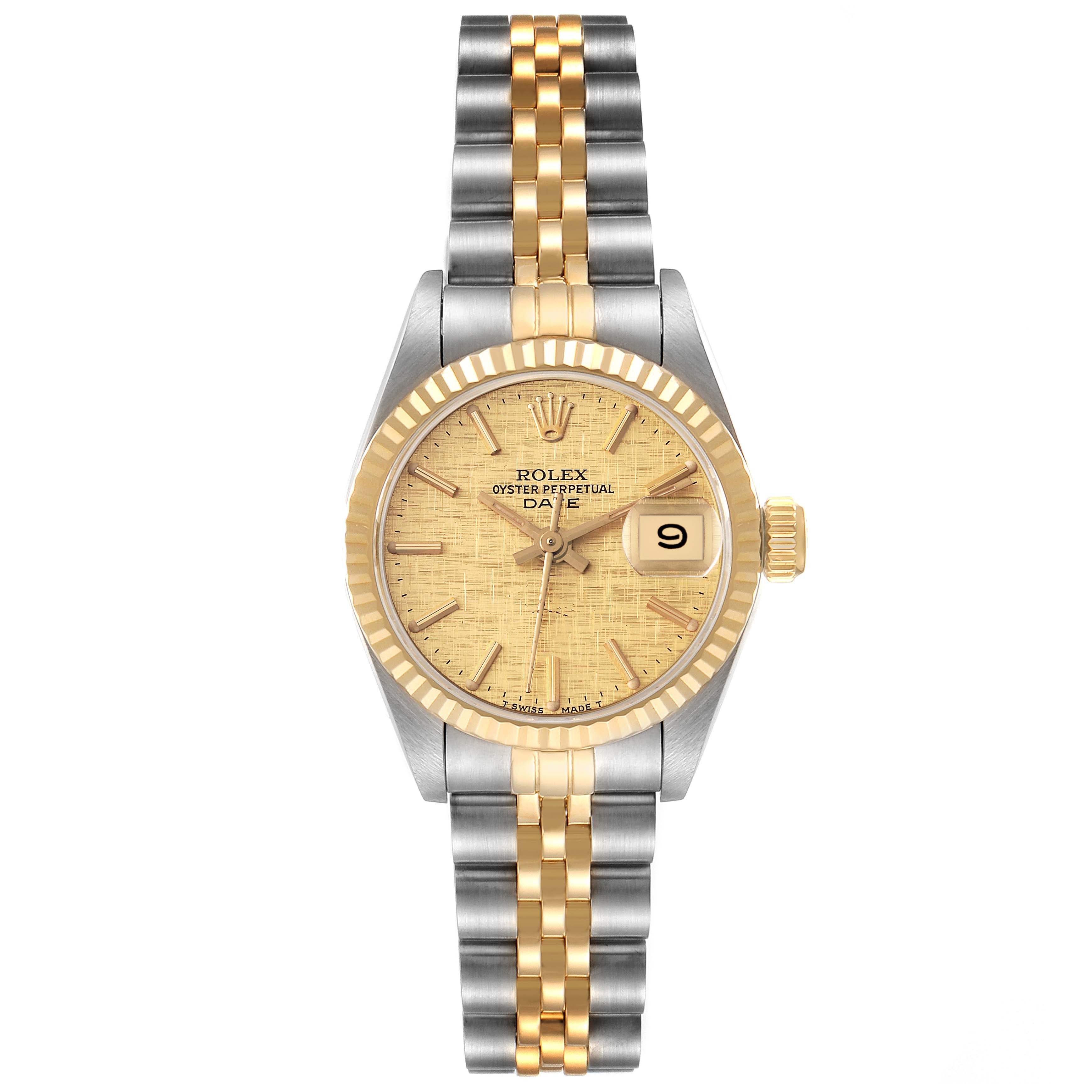 This image shows a front view of a Rolex Datejust 69173 Women's Steel and Gold (two tone) Champagne Dial 69173 Women's Steel and Gold (two tone) Champagne Dial watch, featuring a two-tone bracelet and a gold fluted bezel.