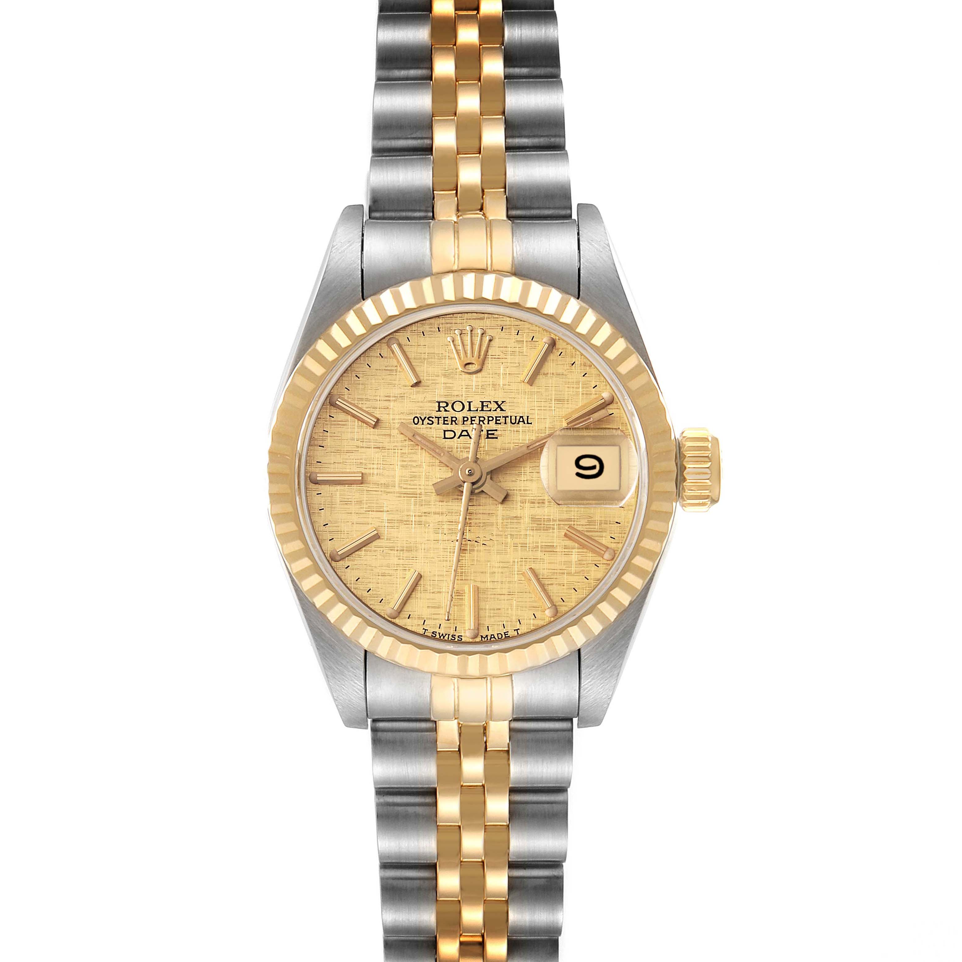 The image shows a front view of a Rolex Datejust 69173 Women's Steel and Gold (two tone) Champagne Dial 69173 Women's Steel and Gold (two tone) Champagne Dial watch, displaying its face, bezel, crown, and parts of its two-tone bracelet.
