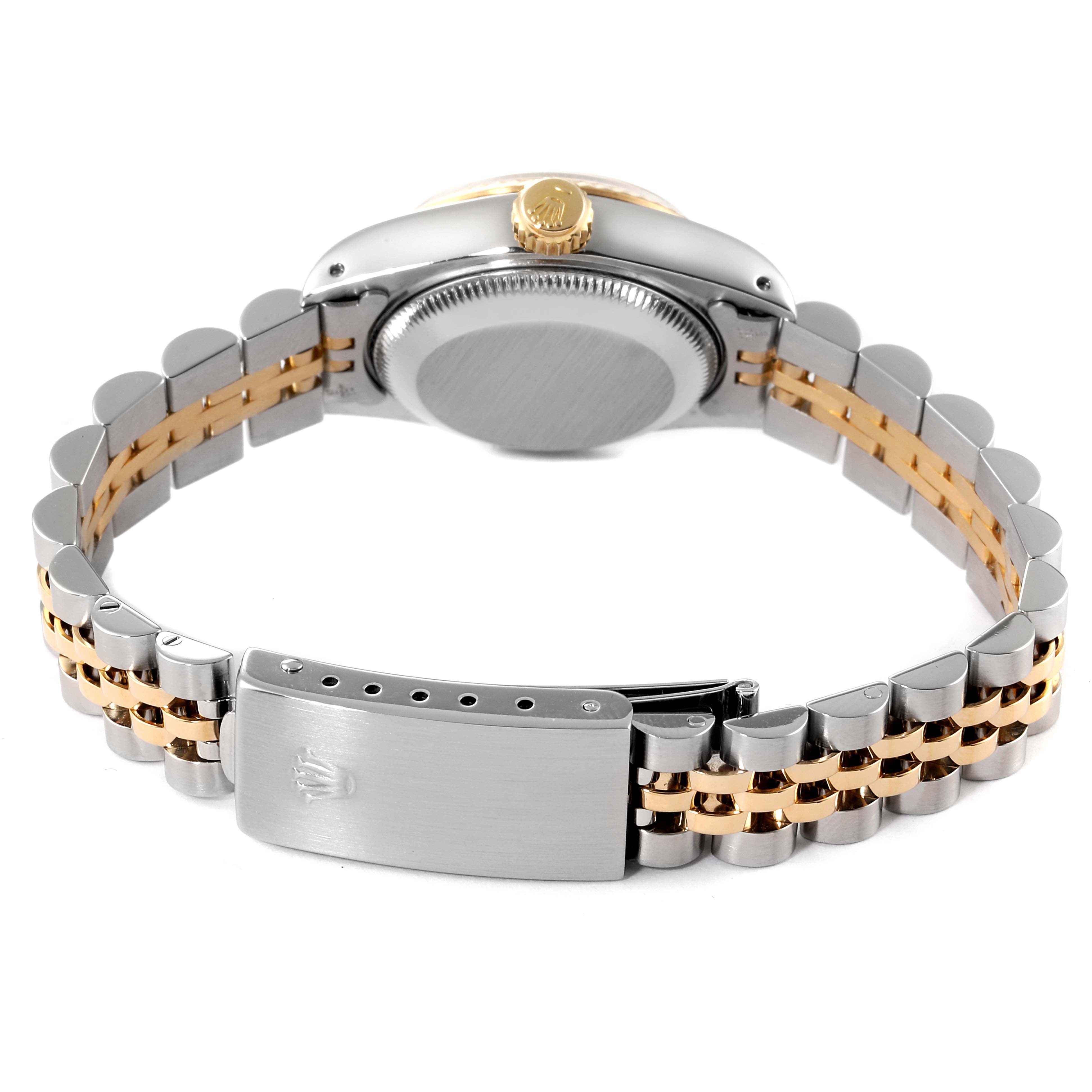The image shows the back view of a Rolex Datejust 69173 Women's Steel and Gold (two tone) Champagne Dial 69173 Women's Steel and Gold (two tone) Champagne Dial watch, focusing on the case back, gold crown, and Jubilee bracelet with clasp.