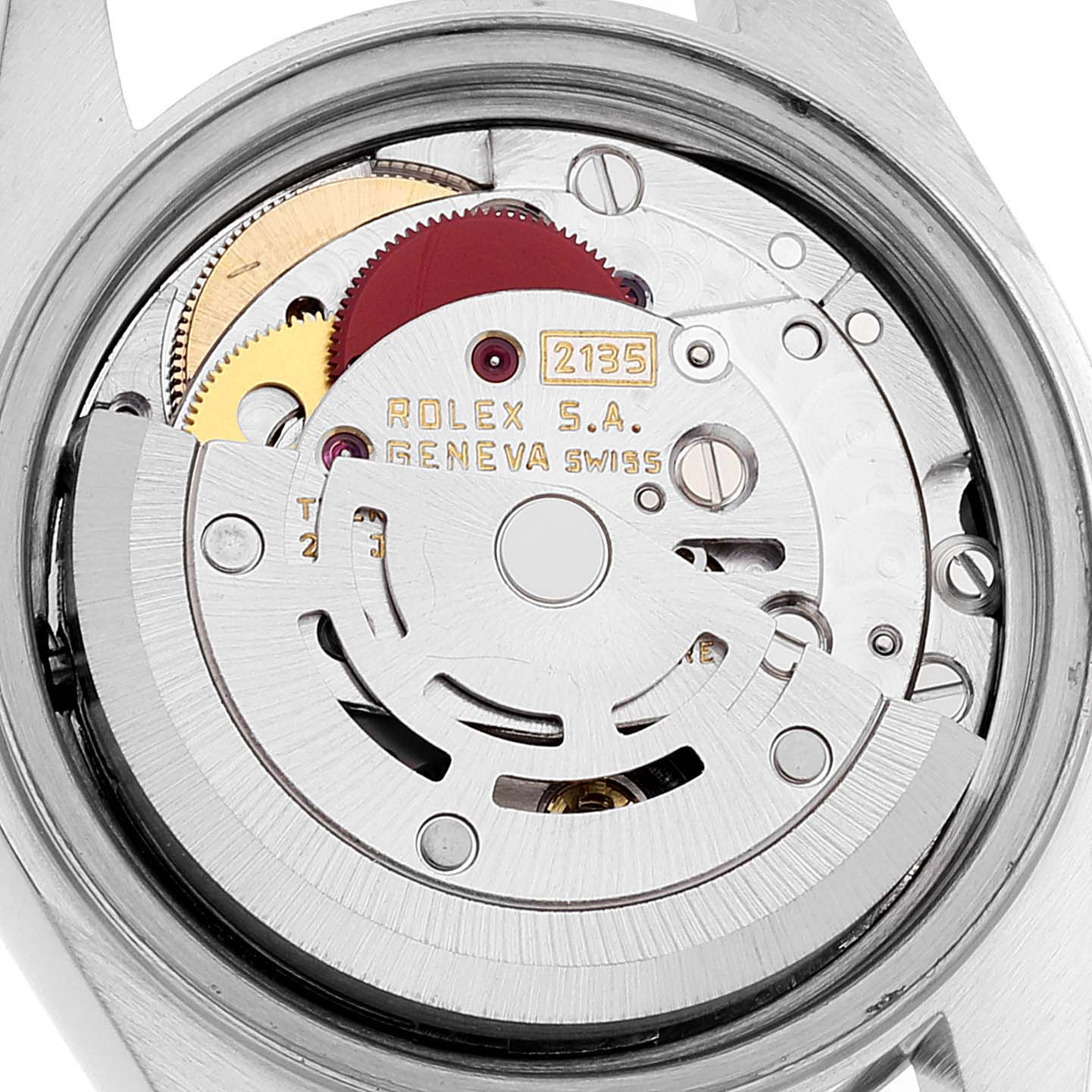 This image shows the internal movement mechanism of the Rolex Datejust 69173 Women's Steel and Gold (two tone) Champagne Dial 69173 Women's Steel and Gold (two tone) Champagne Dial watch from a back angle.