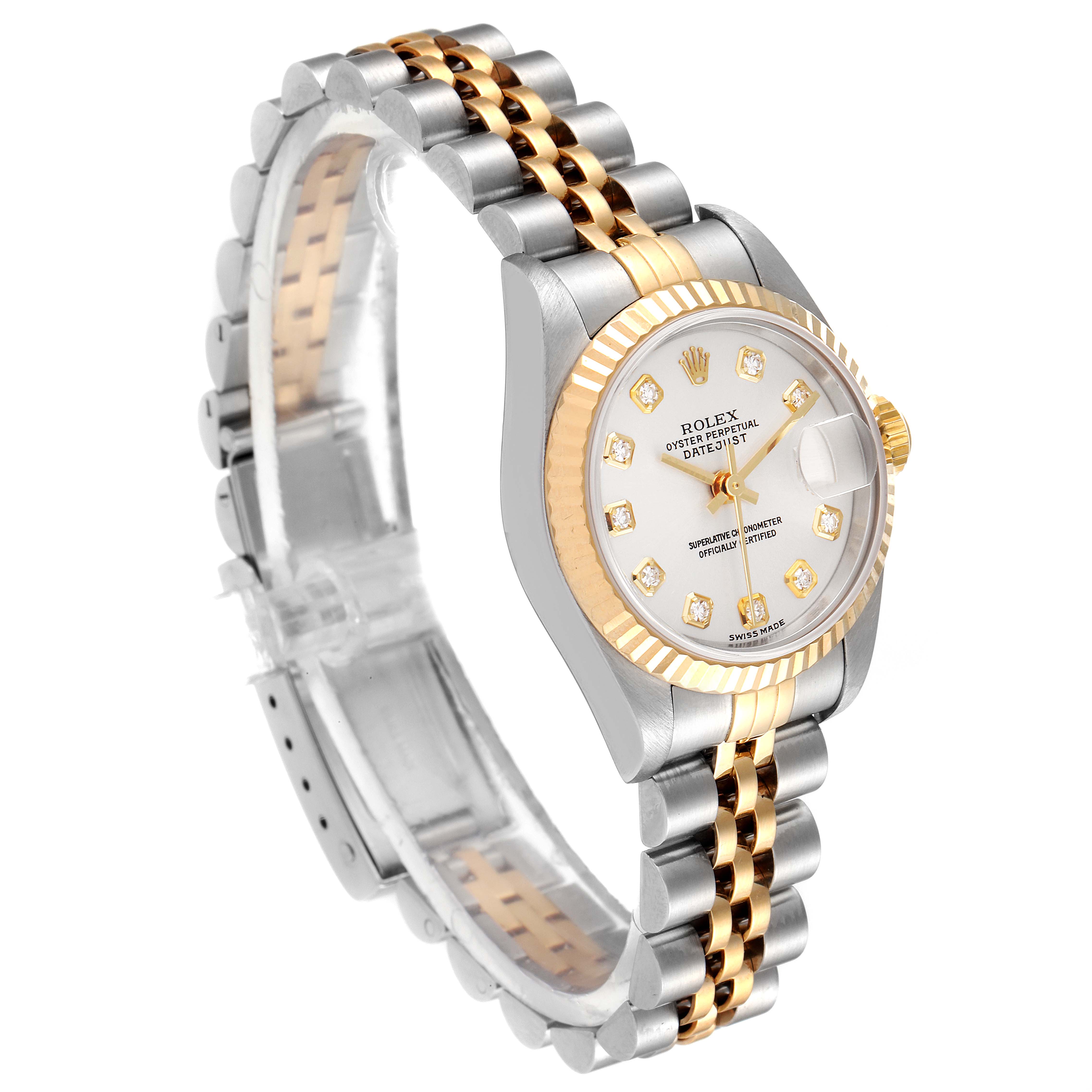 The Rolex Datejust 79173 Women
s Stainless Steel Silver Dial 79173 Women
s Stainless Steel Silver Dial watch is shown at an angle displaying the face, bezel, and two-tone bracelet.