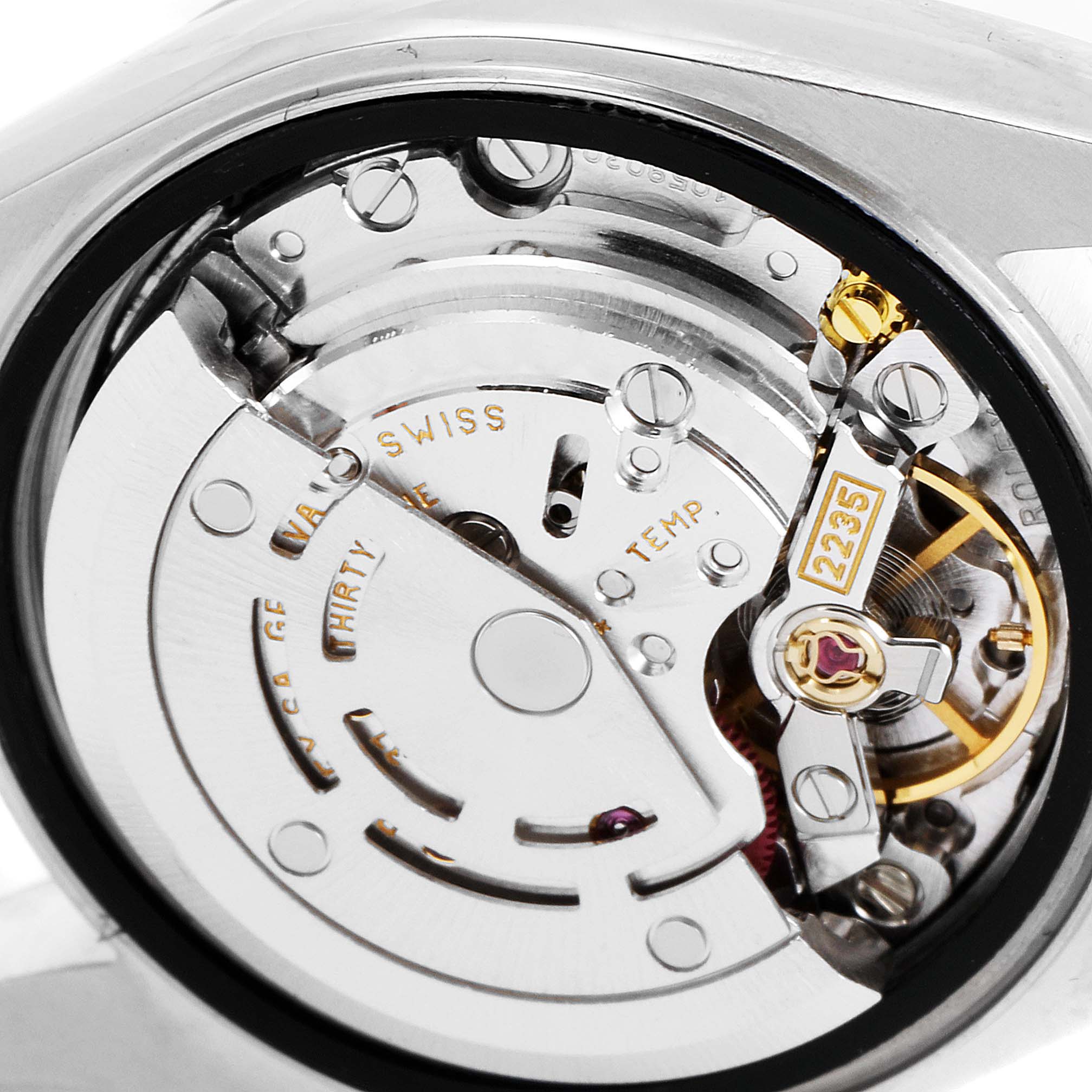 This image shows the intricate internal movement components of a Rolex Datejust 79173 Women
s Stainless Steel Silver Dial 79173 Women
s Stainless Steel Silver Dial watch from a close-up angle.
