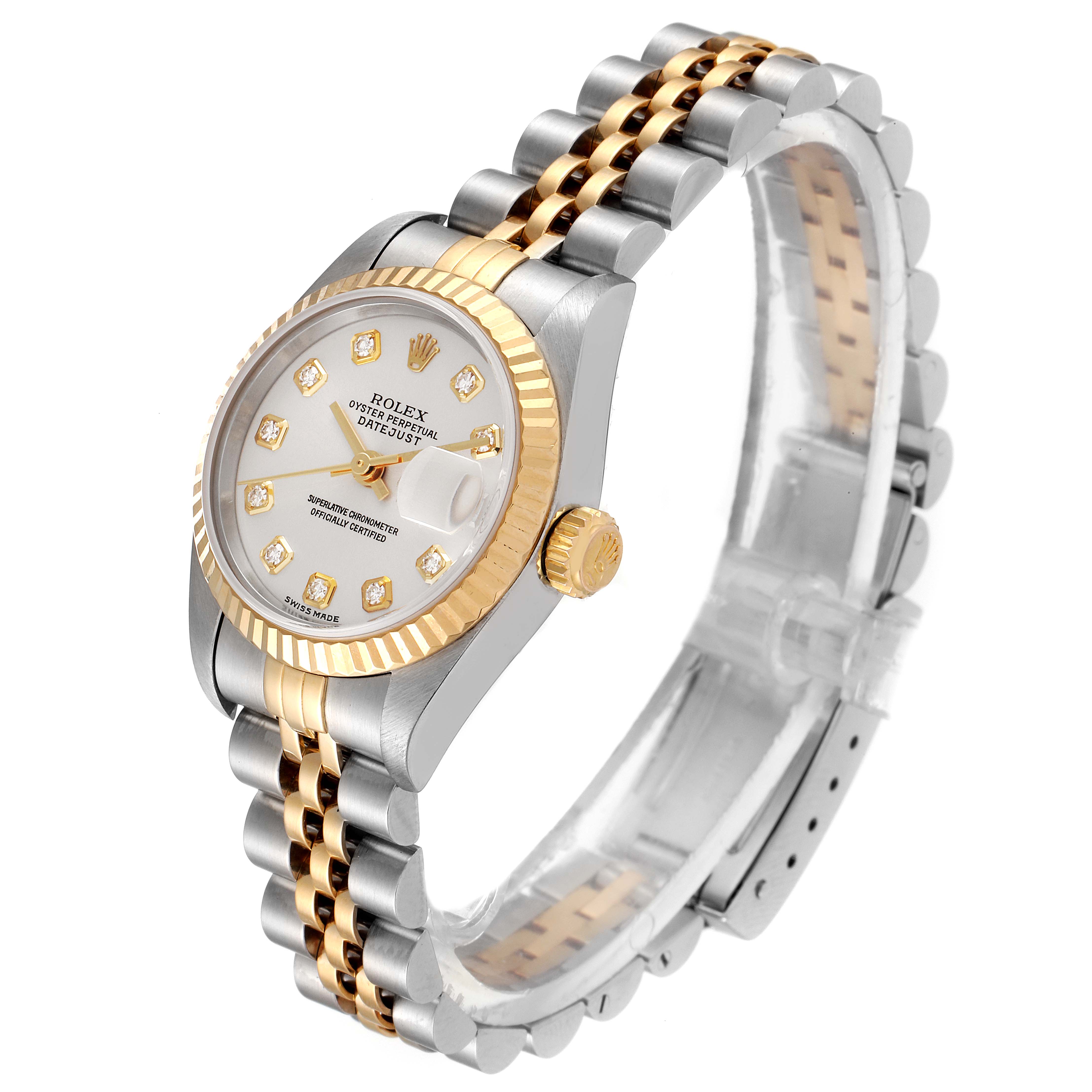 The Rolex Datejust 79173 Women
s Stainless Steel Silver Dial 79173 Women
s Stainless Steel Silver Dial watch is shown at a slight angle, highlighting its face, bezel, crown, and two-tone bracelet.