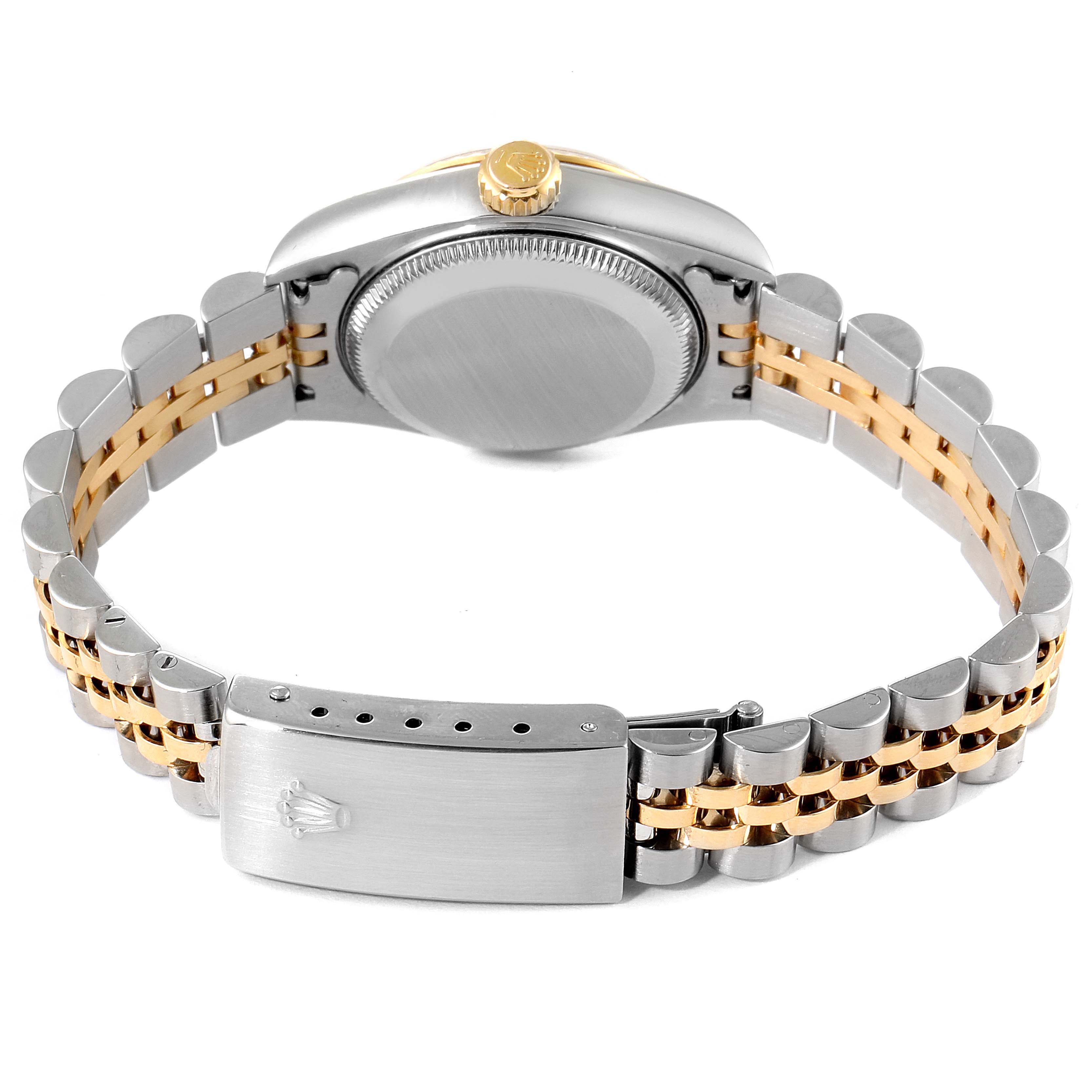 This image shows the Datejust model Rolex watch from the back, highlighting the case, crown, and two-tone bracelet clasp.
