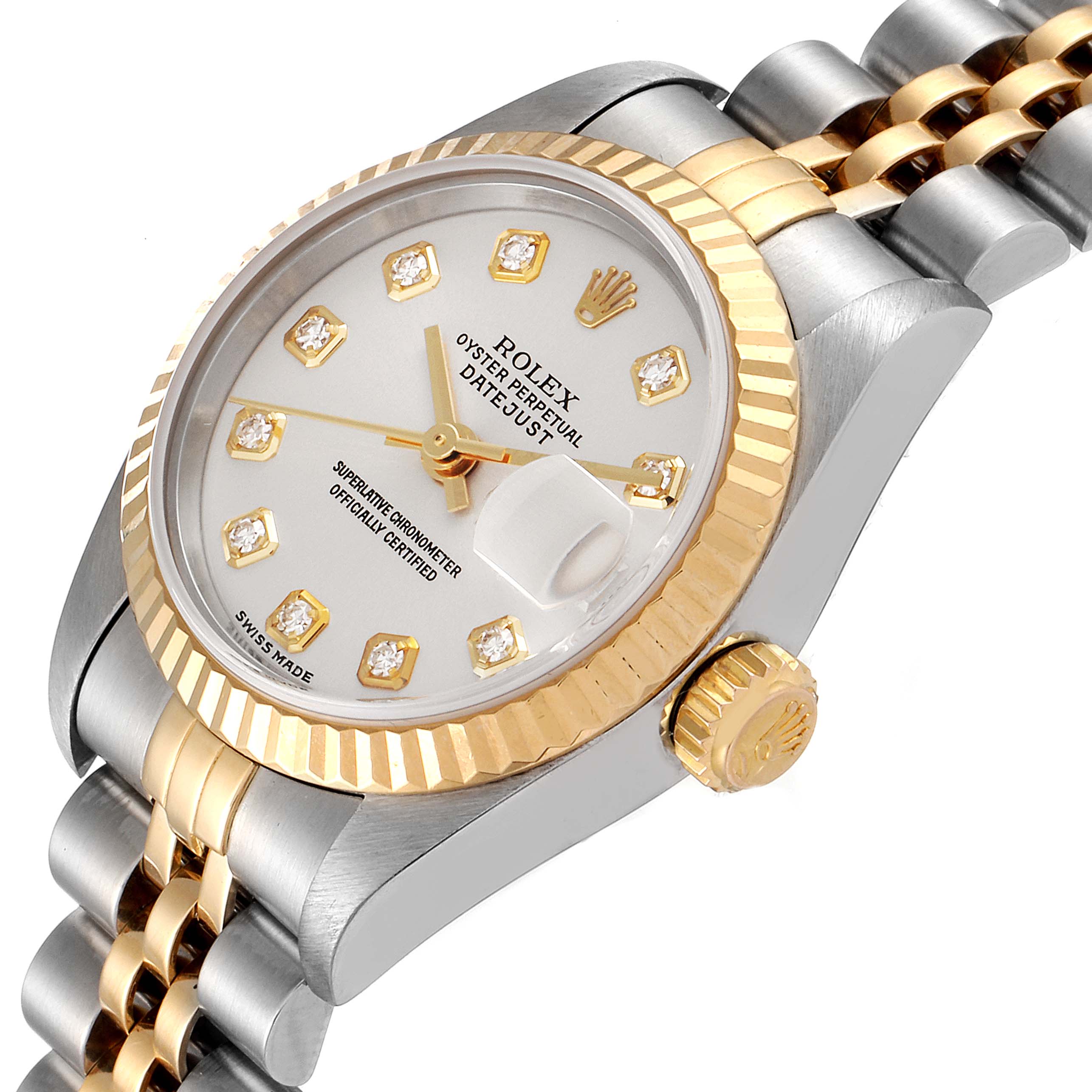 The image shows a Rolex Datejust 79173 Women
s Stainless Steel Silver Dial 79173 Women
s Stainless Steel Silver Dial watch at a three-quarter angle, highlighting the dial, crown, and part of the bracelet.