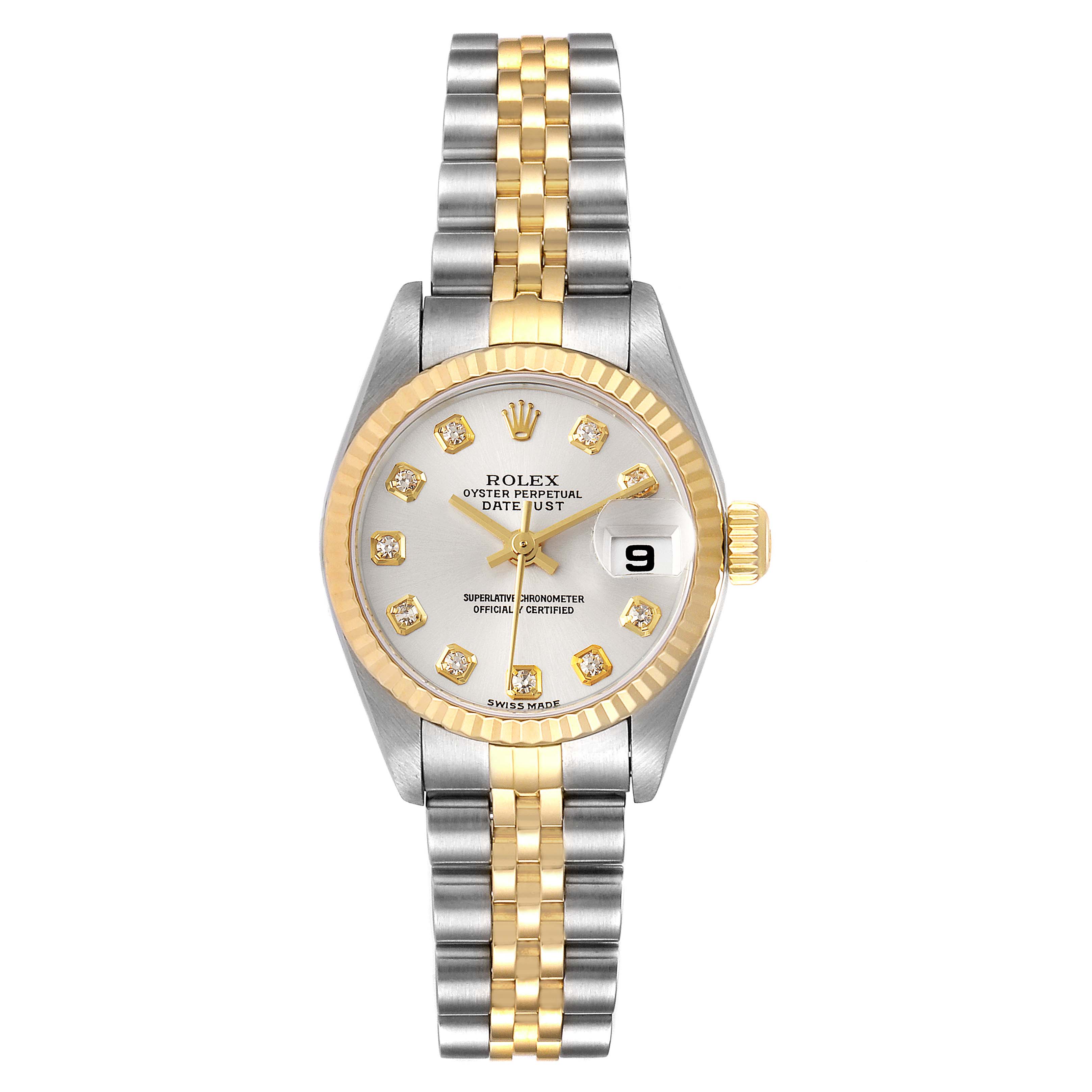 This Rolex Datejust 79173 Women
s Stainless Steel Silver Dial 79173 Women
s Stainless Steel Silver Dial watch is shown from a top-down angle, highlighting its two-tone bracelet, dial, bezel, and date display.
