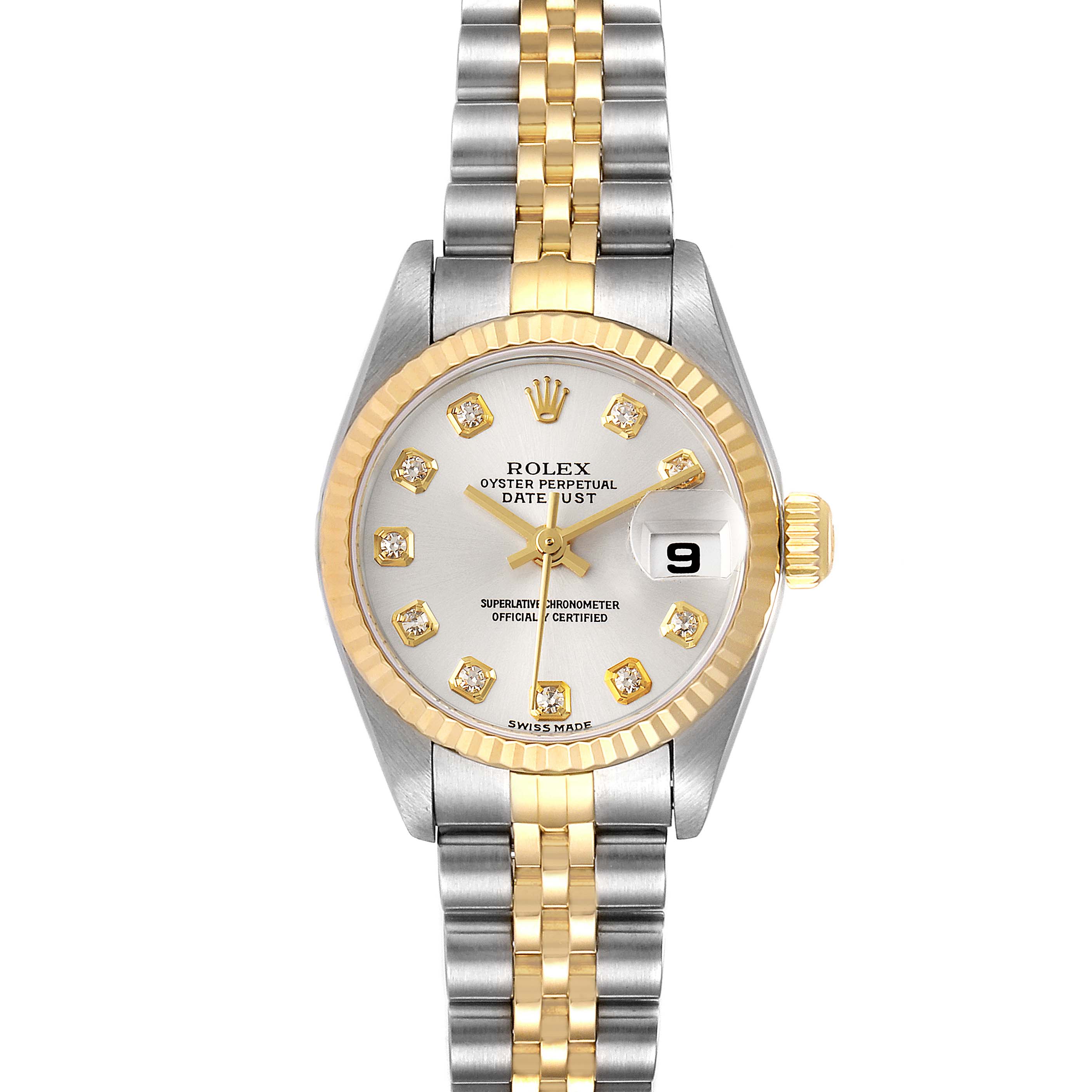 The image shows a front view of a Rolex Datejust 79173 Women
s Stainless Steel Silver Dial 79173 Women
s Stainless Steel Silver Dial watch, highlighting its dial, bezel, crown, and two-tone bracelet.