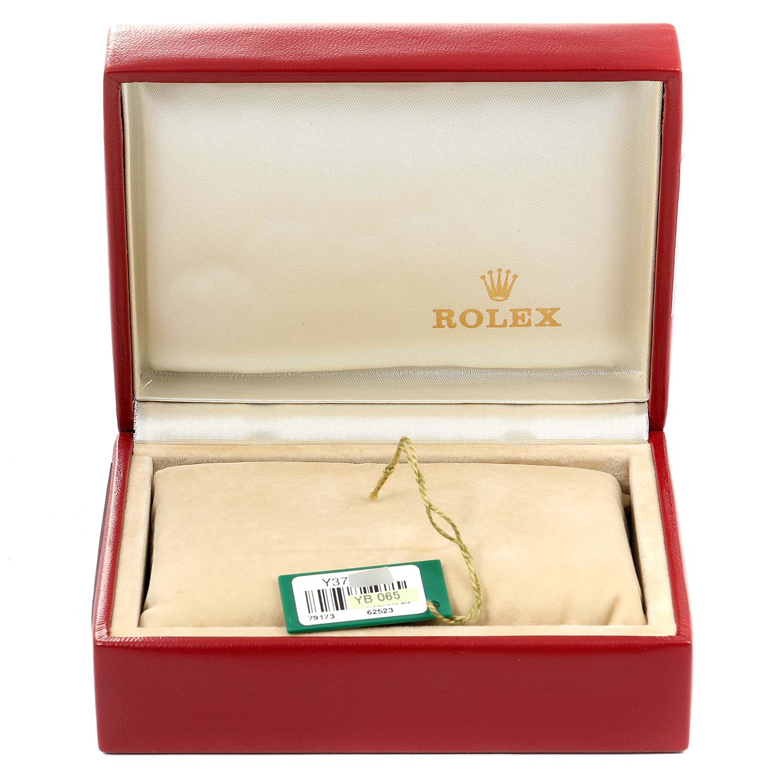 The image shows a red Rolex Datejust 79173 Women
s Stainless Steel Silver Dial 79173 Women
s Stainless Steel Silver Dial watch box with a tag, viewed from the front.