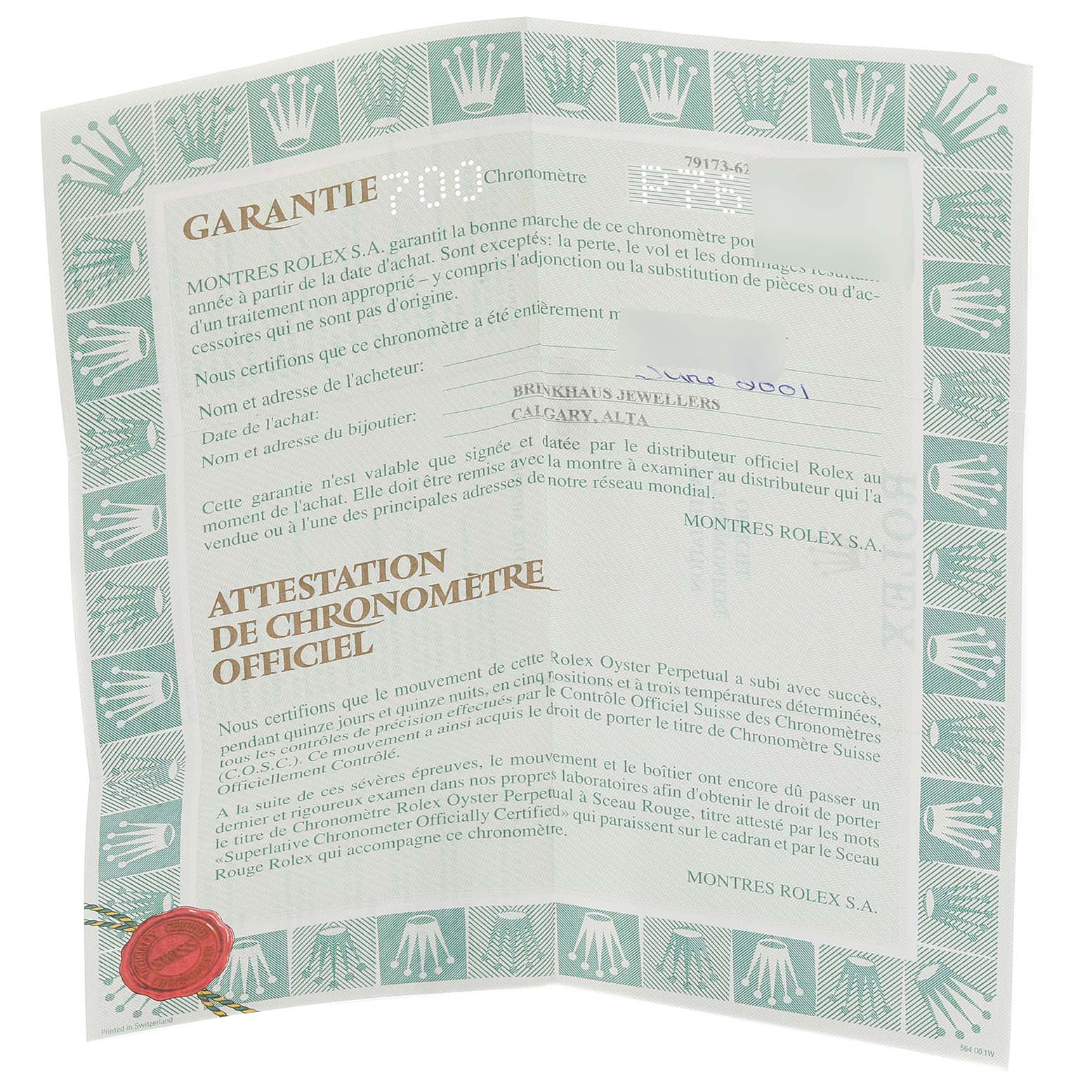 The image shows a folded warranty certificate for a Rolex Datejust 79163 Women's Steel and Gold (two tone) White Dial 79163 Women's Steel and Gold (two tone) White Dial watch, featuring green and white branding details and text.