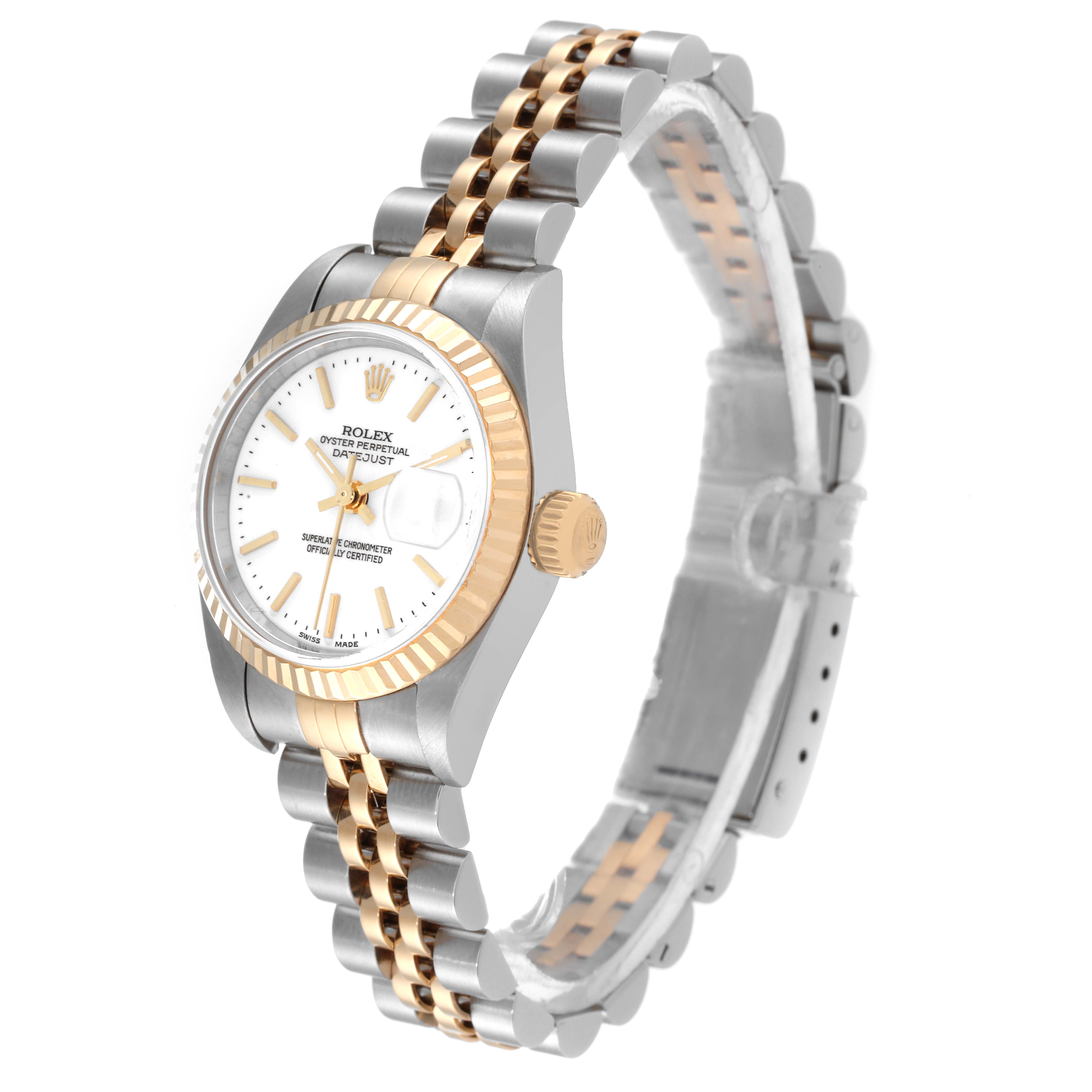 This image shows a side profile and partial front view of a Rolex Datejust 79163 Women's Steel and Gold (two tone) White Dial 79163 Women's Steel and Gold (two tone) White Dial watch, highlighting its bracelet and crown.