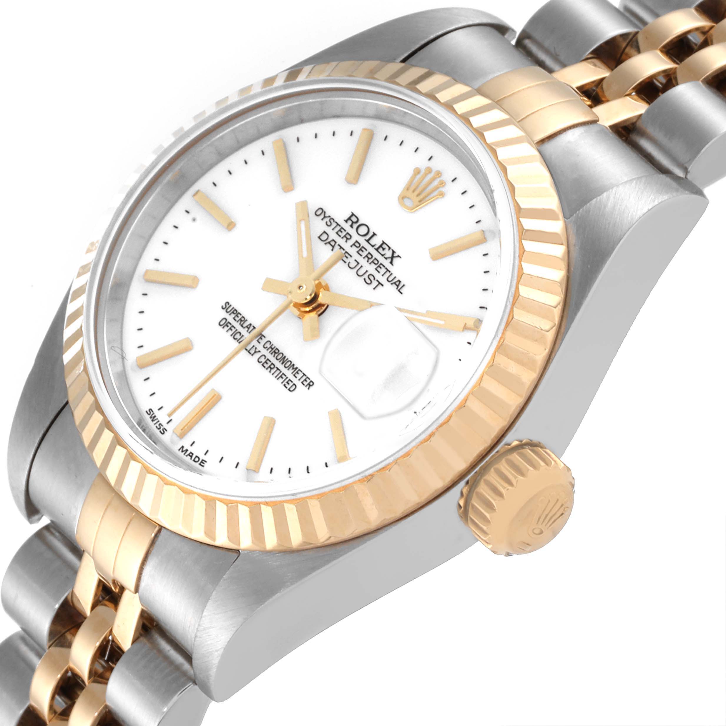 The image shows a Rolex Datejust 79163 Women's Steel and Gold (two tone) White Dial 79163 Women's Steel and Gold (two tone) White Dial watch at an angle highlighting its face, fluted bezel, crown, and jubilee bracelet.