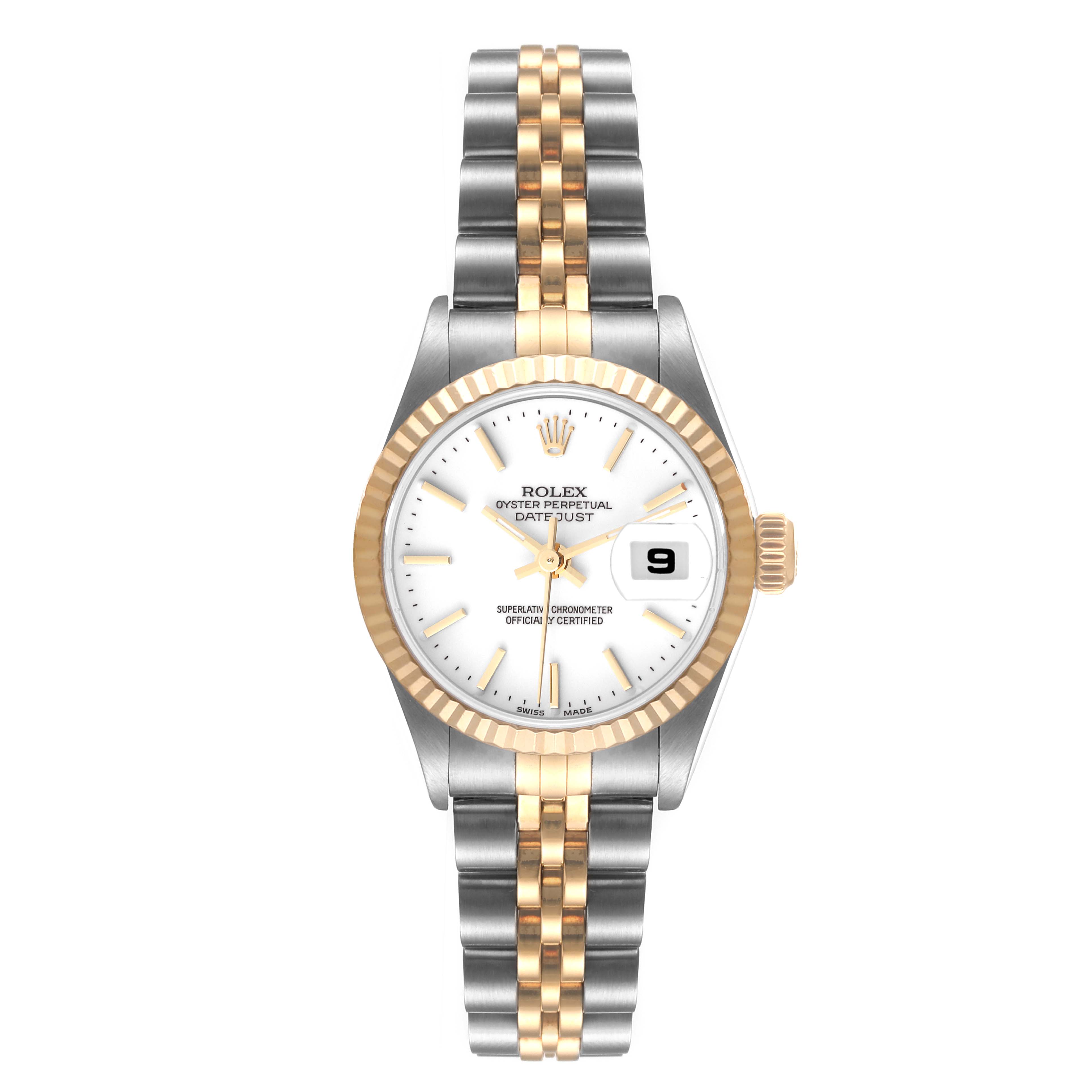 This Rolex Datejust 79163 Women's Steel and Gold (two tone) White Dial 79163 Women's Steel and Gold (two tone) White Dial model is shown from the front, highlighting its white dial, date window, fluted bezel, and two-tone bracelet.