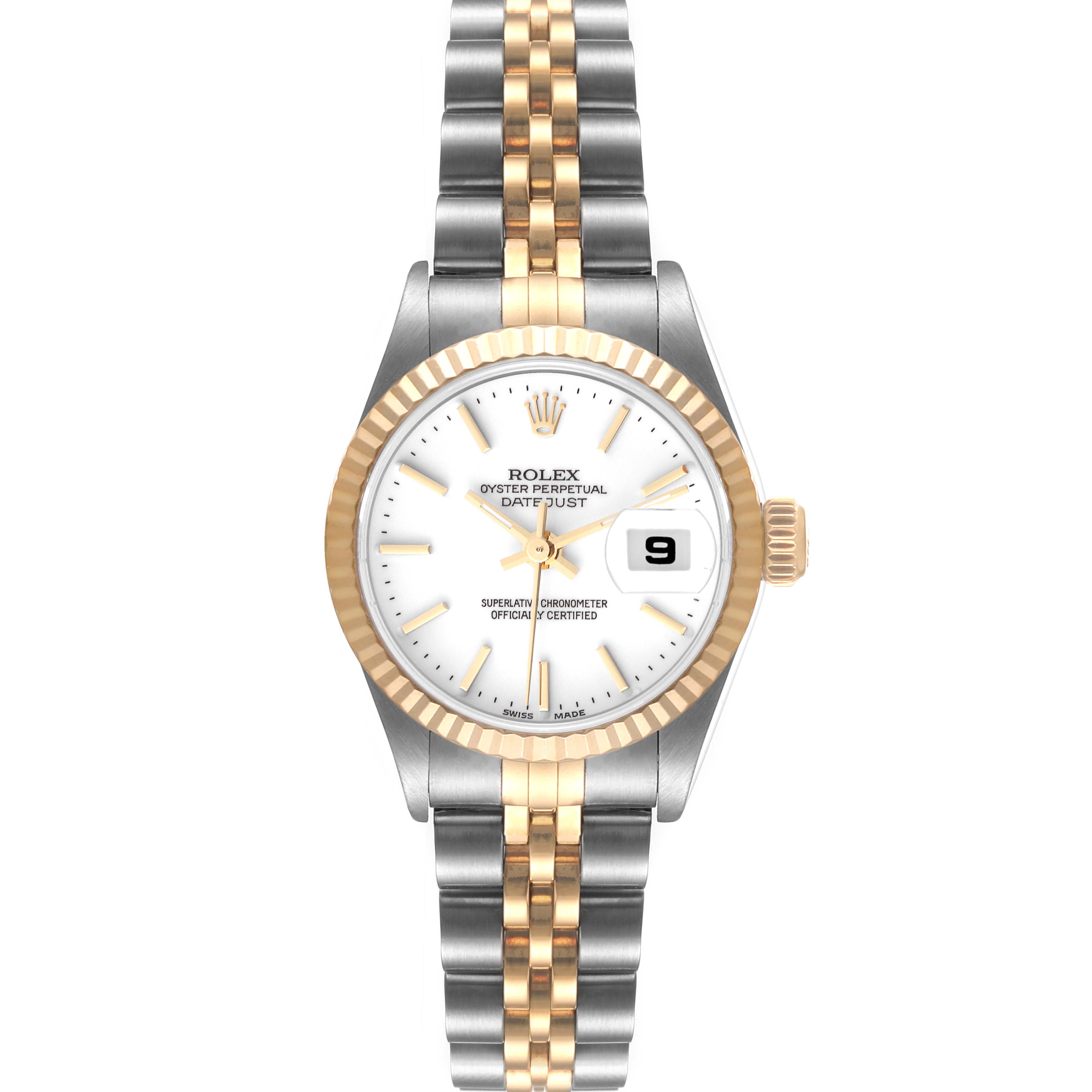 This image shows a frontal view of a Rolex Datejust 79163 Women's Steel and Gold (two tone) White Dial 79163 Women's Steel and Gold (two tone) White Dial watch, displaying its two-tone bracelet, gold bezel, and white dial with date window.