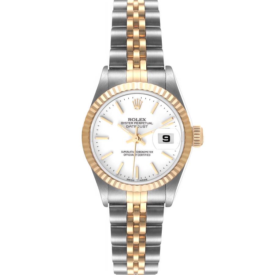 This image shows a frontal view of a Rolex Datejust watch, displaying its two-tone bracelet, gold bezel, and white dial with date window.