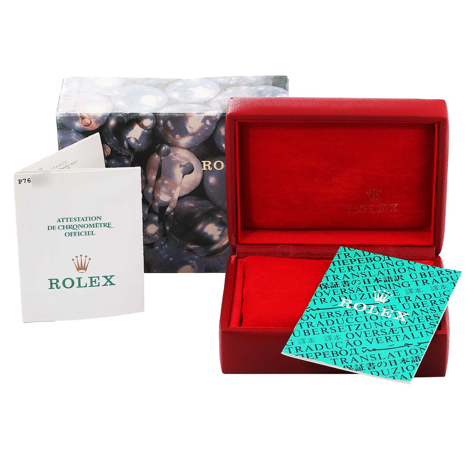 The image shows an open Rolex Datejust 79163 Women's Steel and Gold (two tone) White Dial 79163 Women's Steel and Gold (two tone) White Dial box with associated booklets and papers on the side.