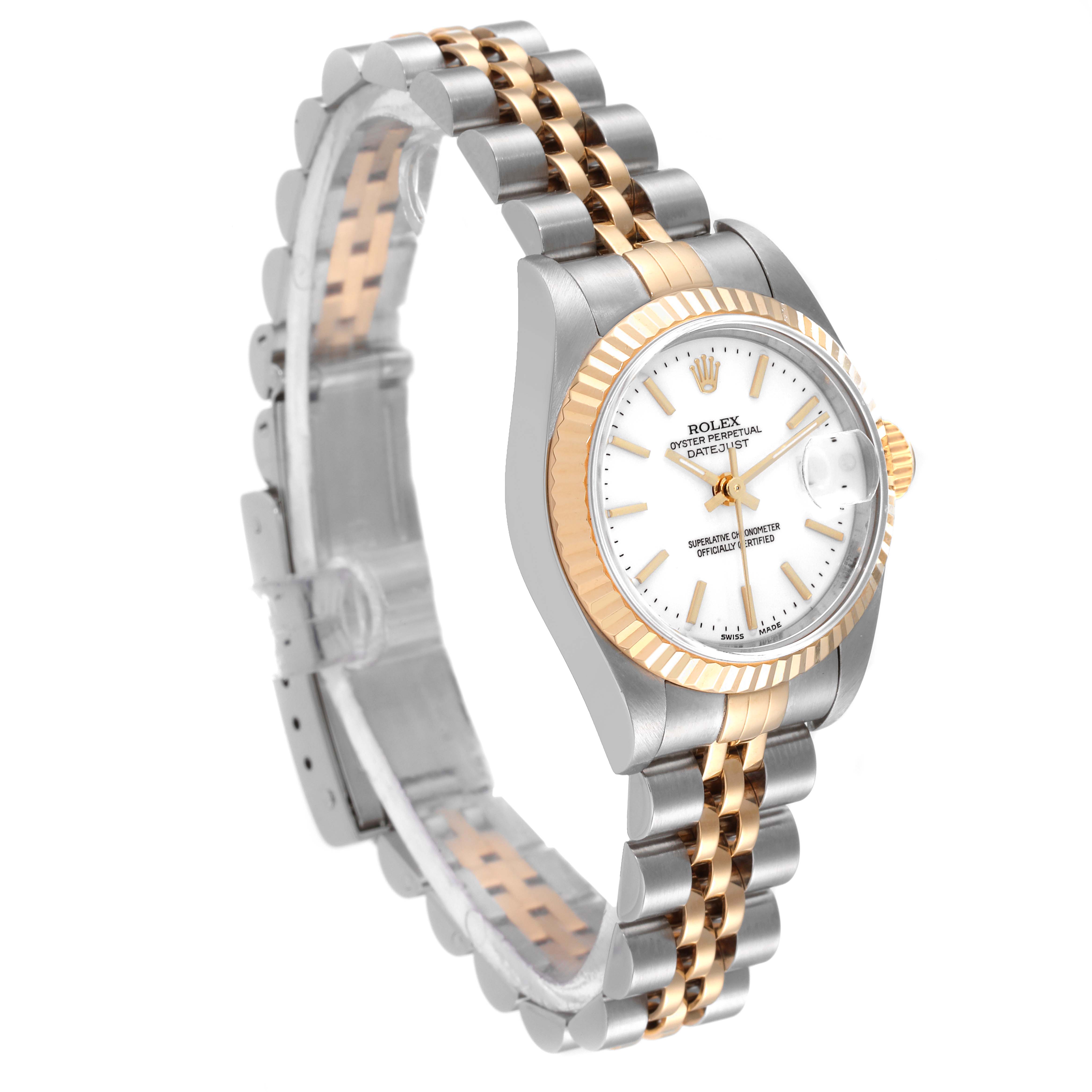 The image shows a side angle of a Rolex Datejust 79163 Women's Steel and Gold (two tone) White Dial 79163 Women's Steel and Gold (two tone) White Dial watch, highlighting its two-tone bracelet and white dial.