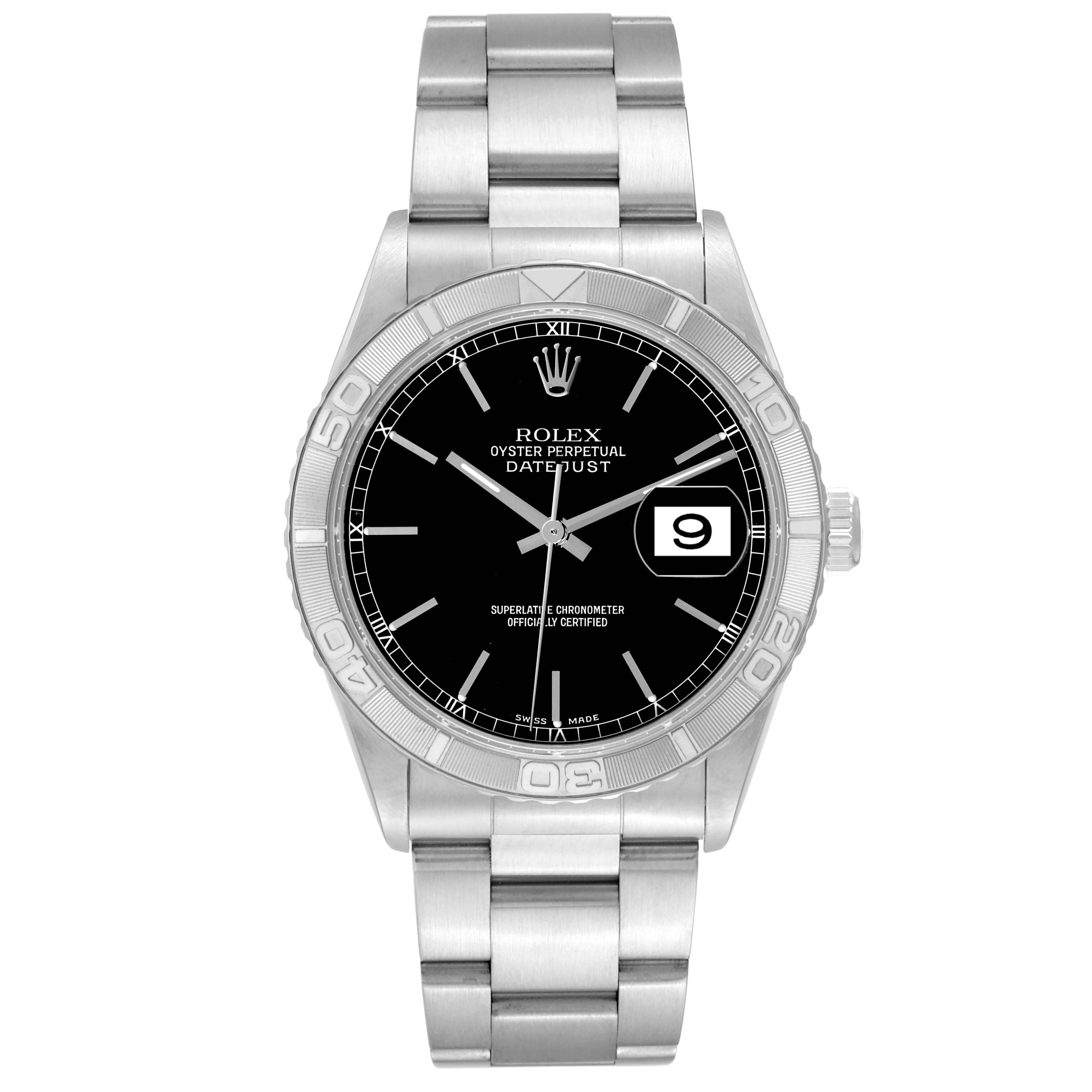This is a front view of a Rolex Turn-o-Graph 16264 Men
s Stainless Steel Black Dial 16264 Men
s Stainless Steel Black Dial watch with a black dial, stainless steel bracelet, and visible date window at 3 o
clock.