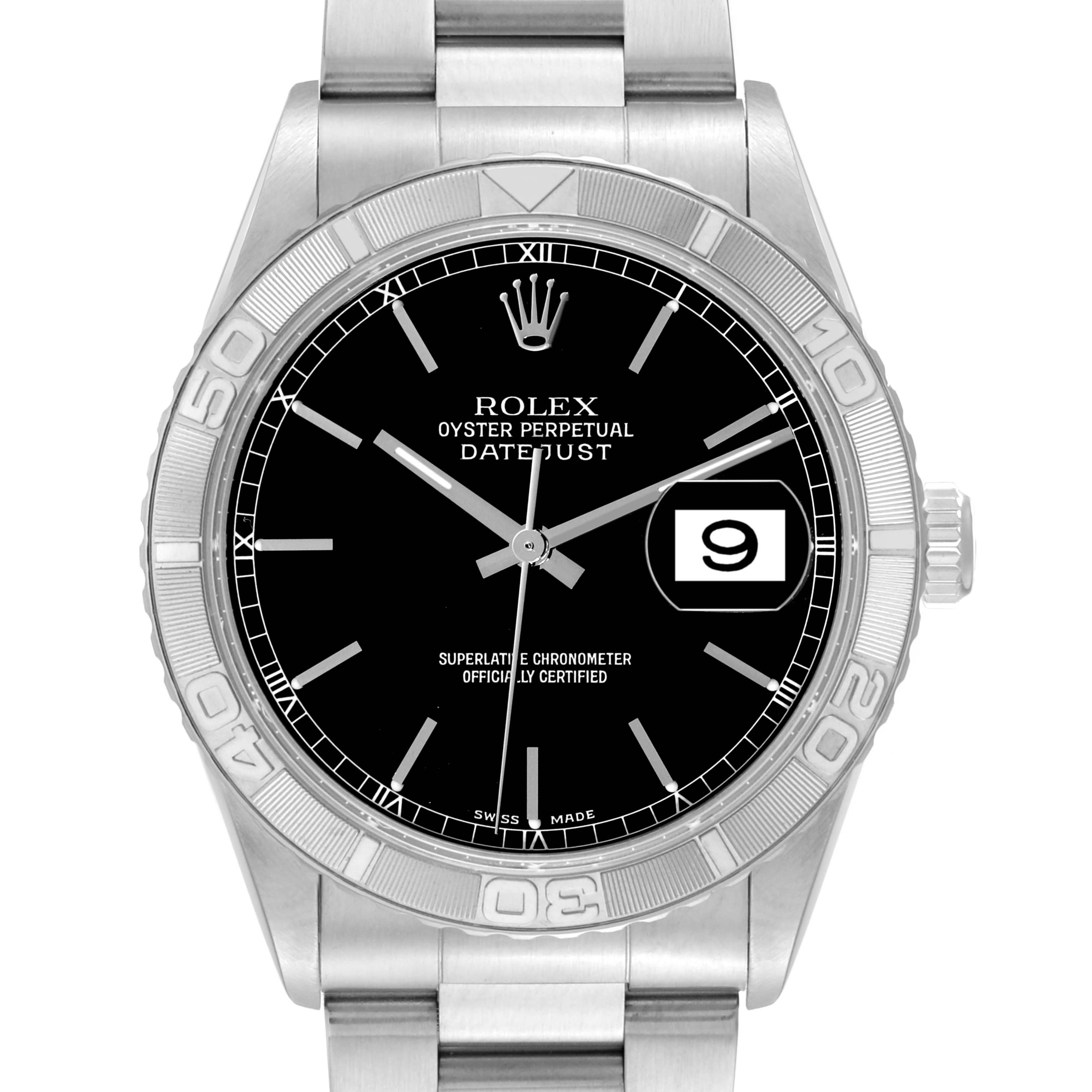 This image shows a front view of a Rolex Turn-o-Graph 16264 Men
s Stainless Steel Black Dial 16264 Men
s Stainless Steel Black Dial model, highlighting the bezel, black dial, markers, and date window.