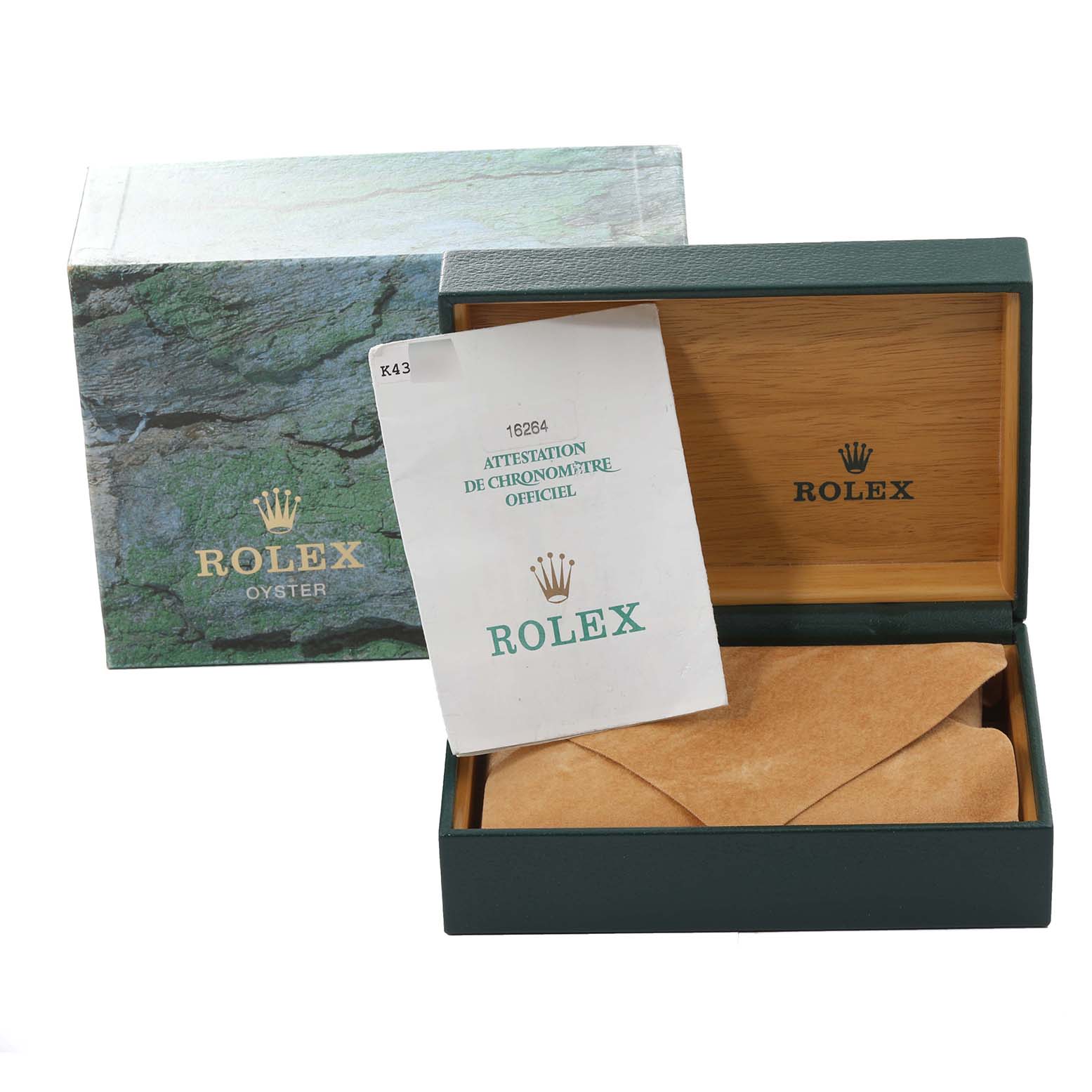 This image shows the packaging and documentation for the Rolex Turn-o-Graph 16264 Men
s Stainless Steel Black Dial 16264 Men
s Stainless Steel Black Dial watch, including the box and warranty certificate.